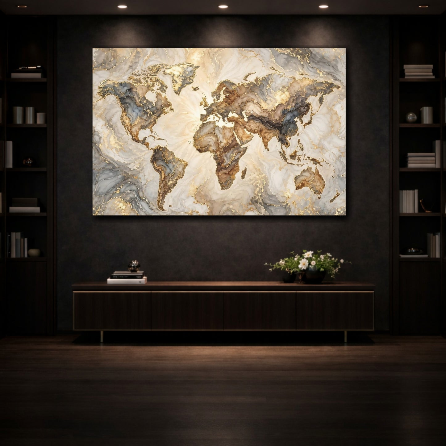 Mockup 3. Maps World Map Gold Marble Abstract shown as stretched canvas wall art