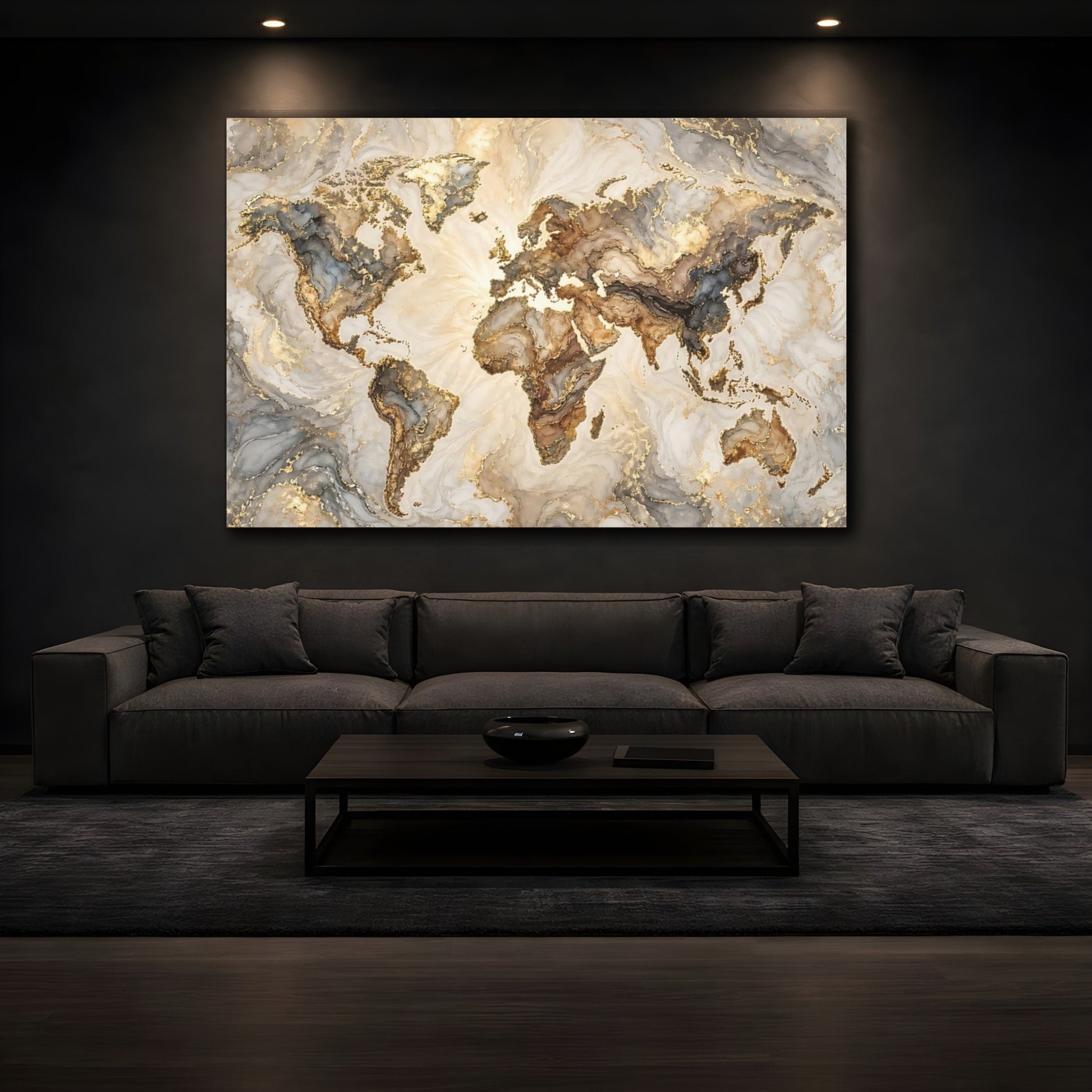 Mockup 4. Maps World Map Gold Marble Abstract shown as stretched canvas wall art