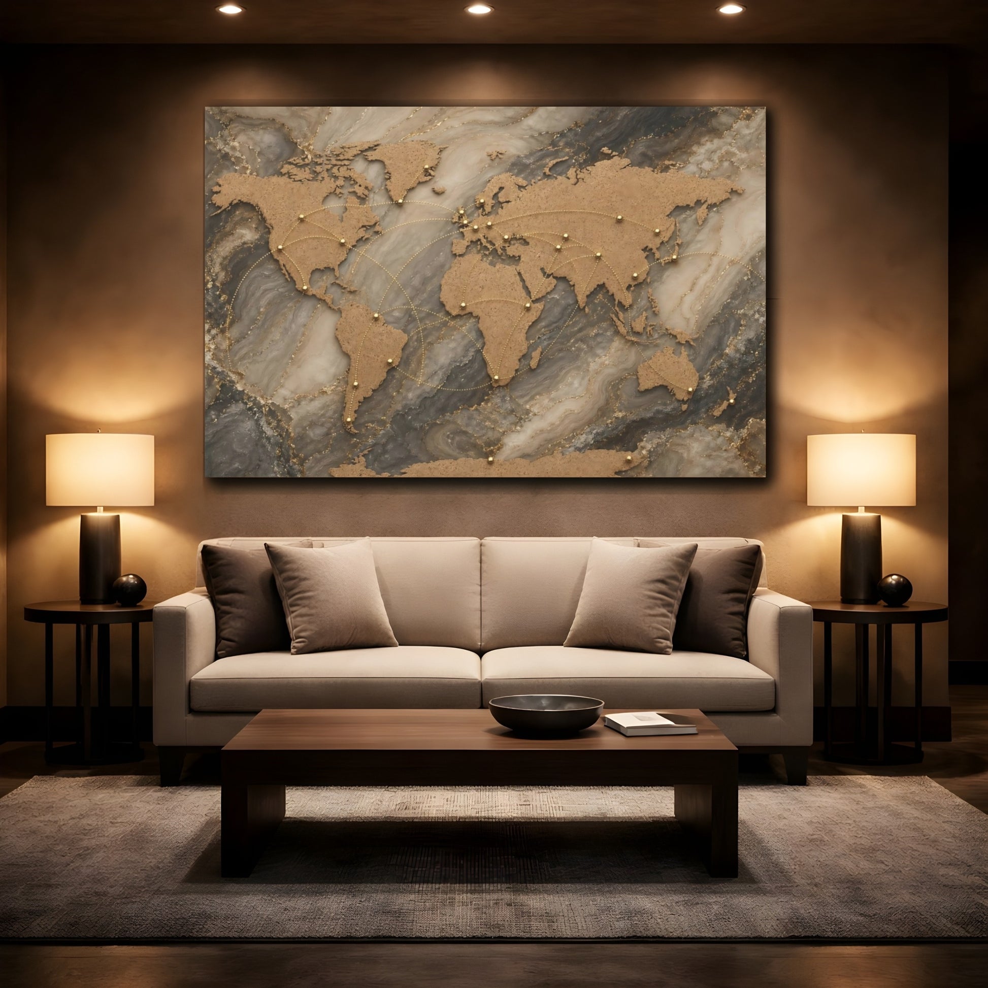 Mockup 2. Maps World Map Gold Marble World shown as stretched canvas wall art