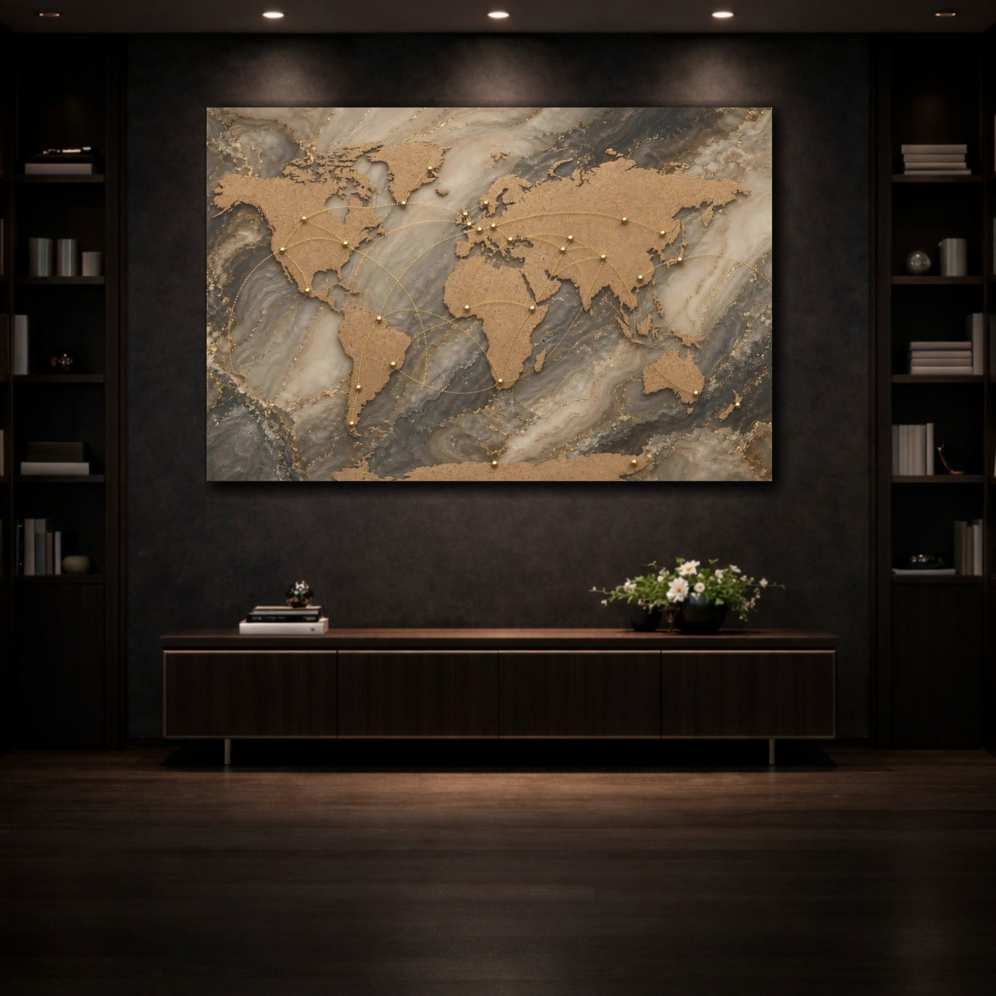 Mockup 3. Maps World Map Gold Marble World shown as stretched canvas wall art