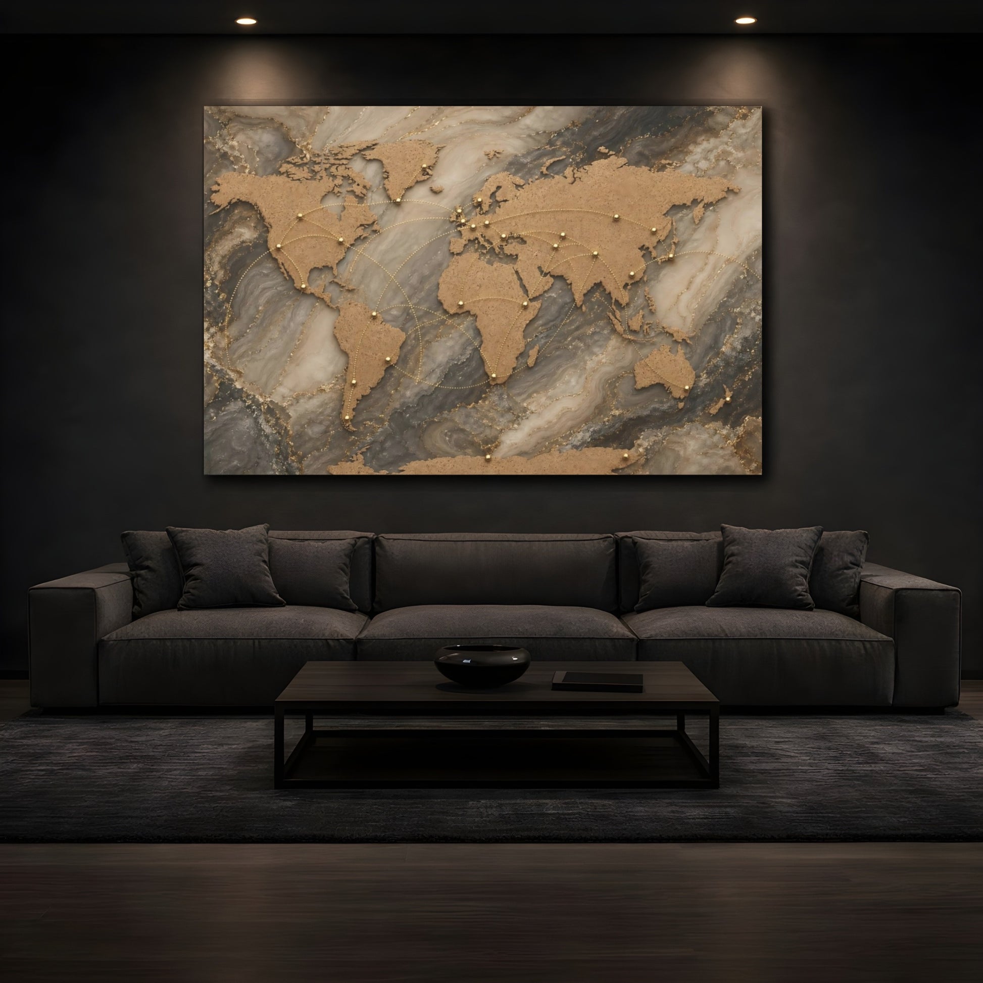 Mockup 4. Maps World Map Gold Marble World shown as stretched canvas wall art