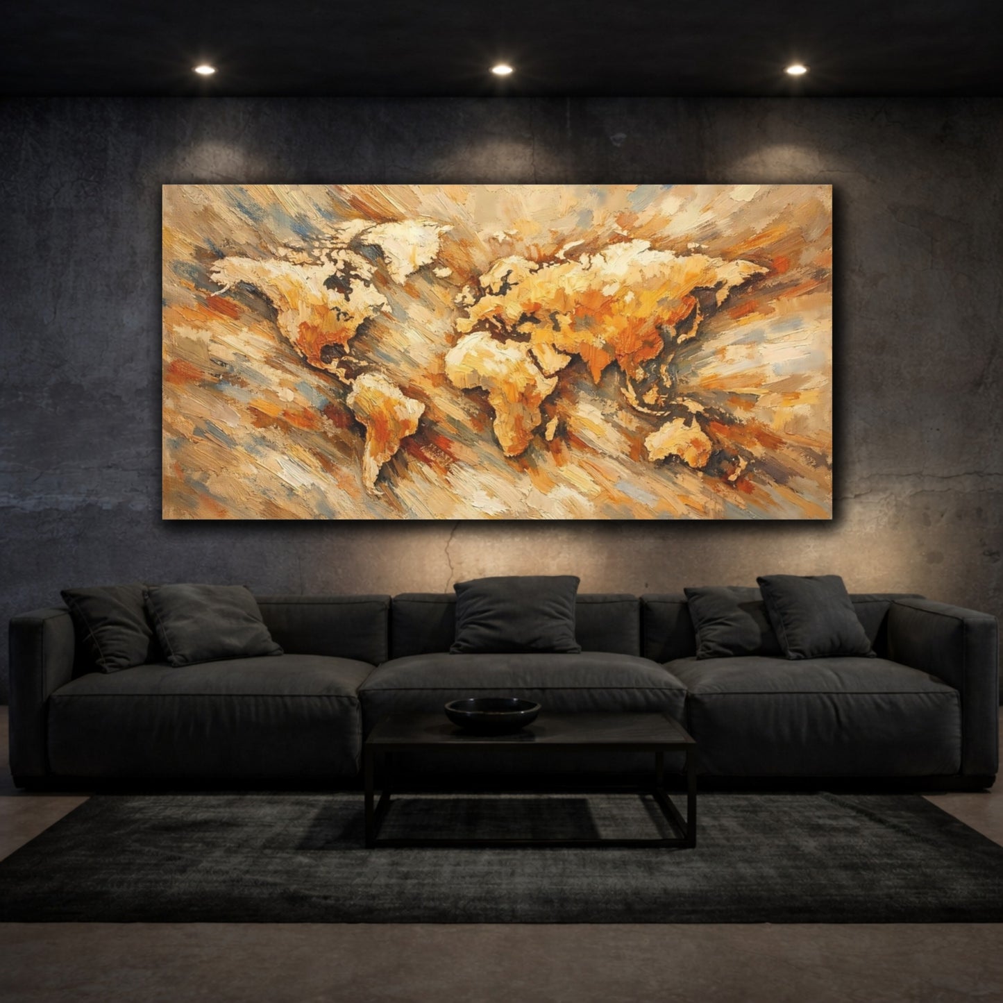 Mockup 2. Maps World Map Golden World Map shown as stretched canvas wall art