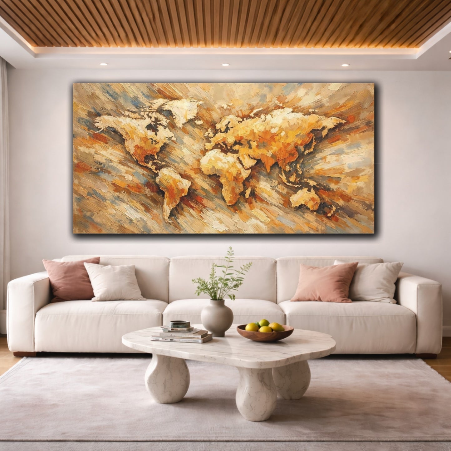 Mockup 3. Maps World Map Golden World Map shown as stretched canvas wall art