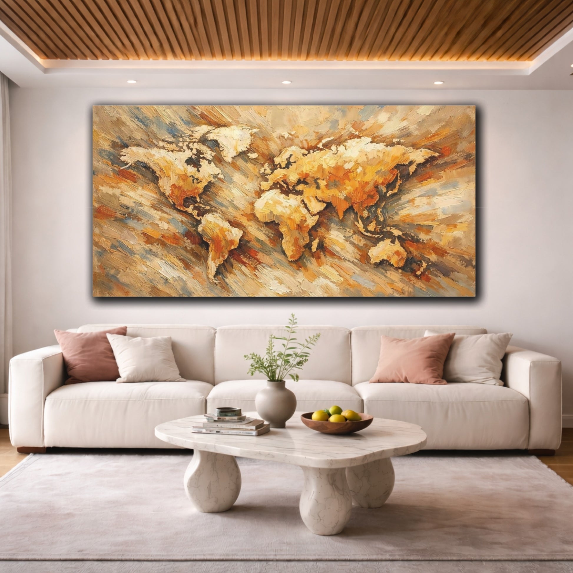 Mockup 3. Maps World Map Golden World Map shown as stretched canvas wall art