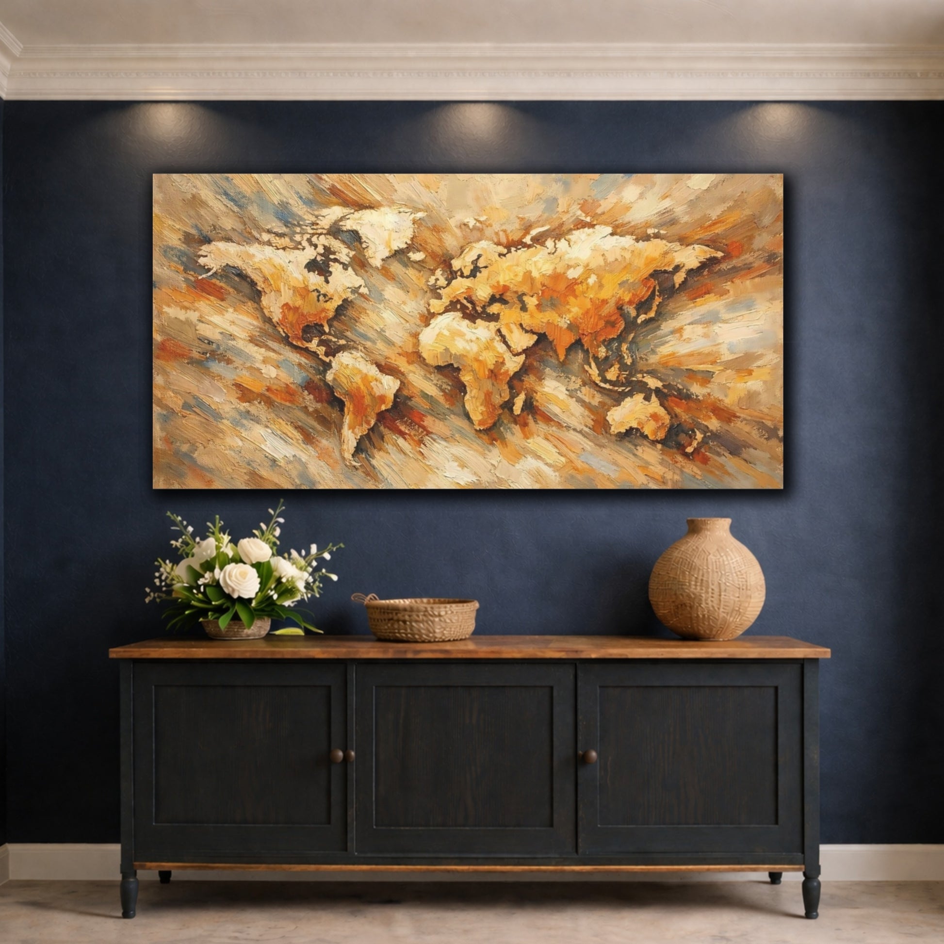 Mockup 4. Maps World Map Golden World Map shown as stretched canvas wall art