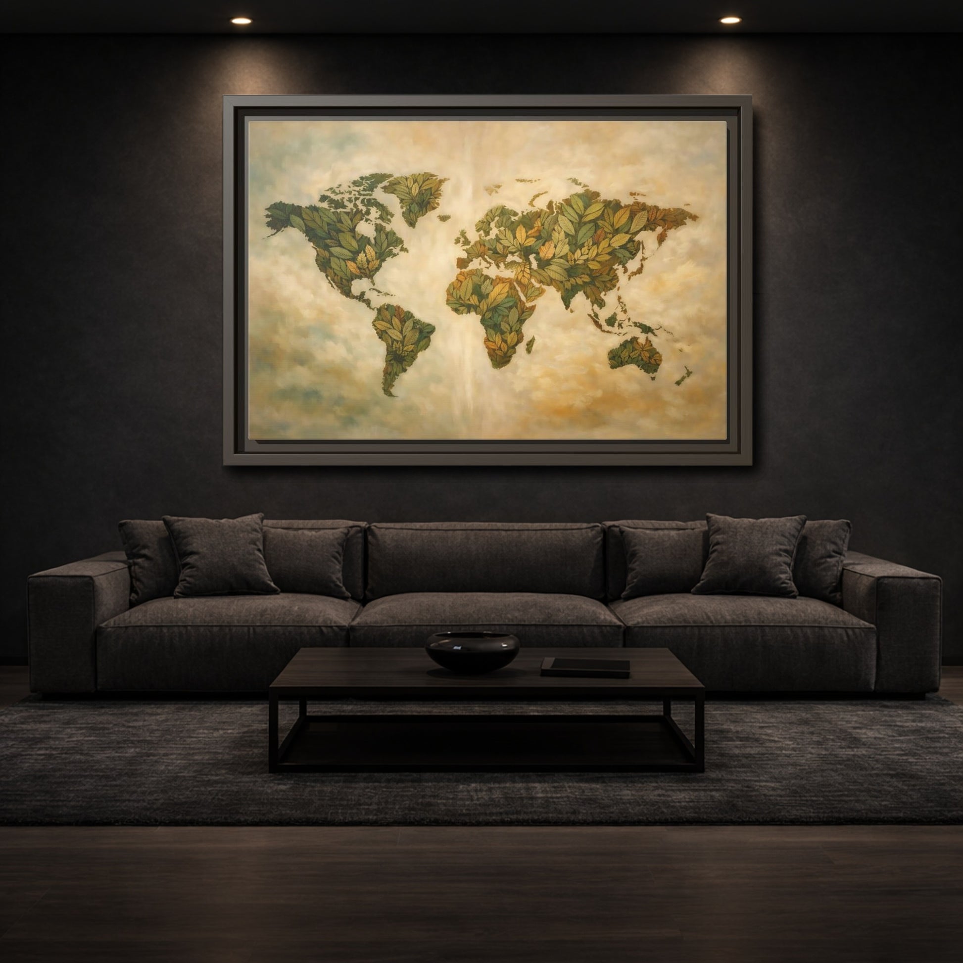 Mockup 2. Maps World Map Green World Map shown as stretched canvas wall art