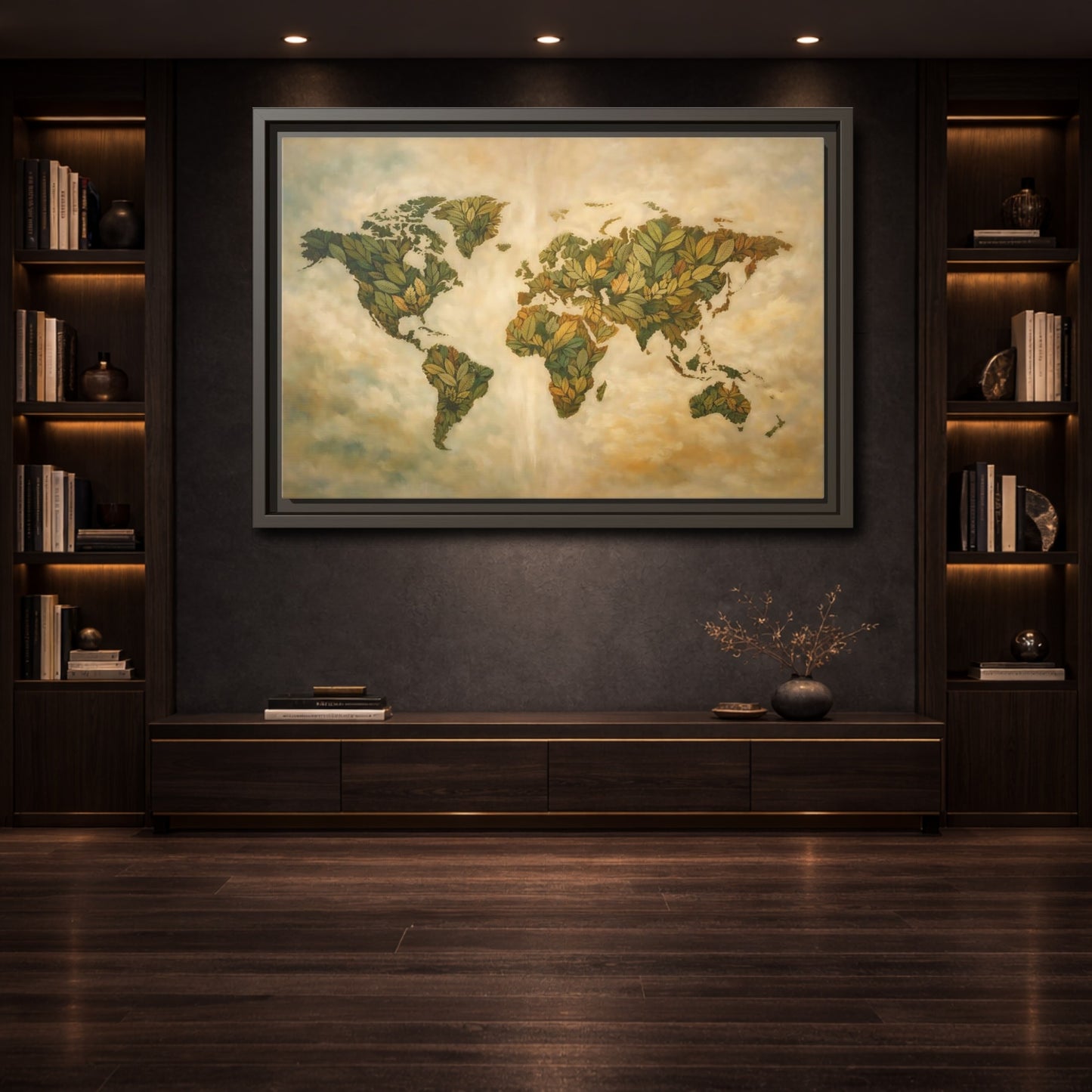 Mockup 3. Maps World Map Green World Map shown as stretched canvas wall art