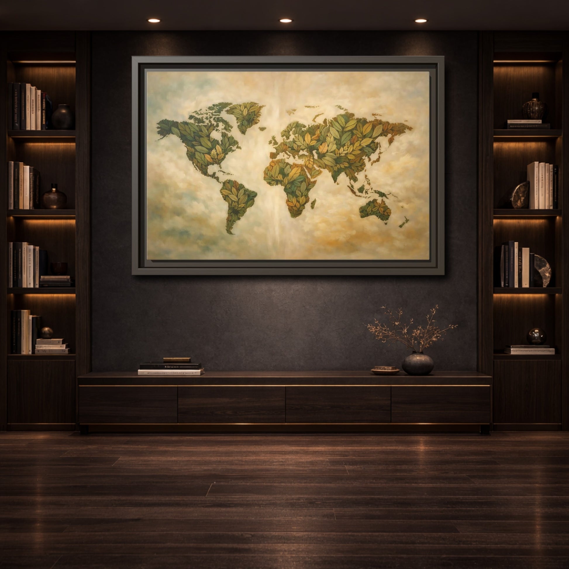 Mockup 3. Maps World Map Green World Map shown as stretched canvas wall art