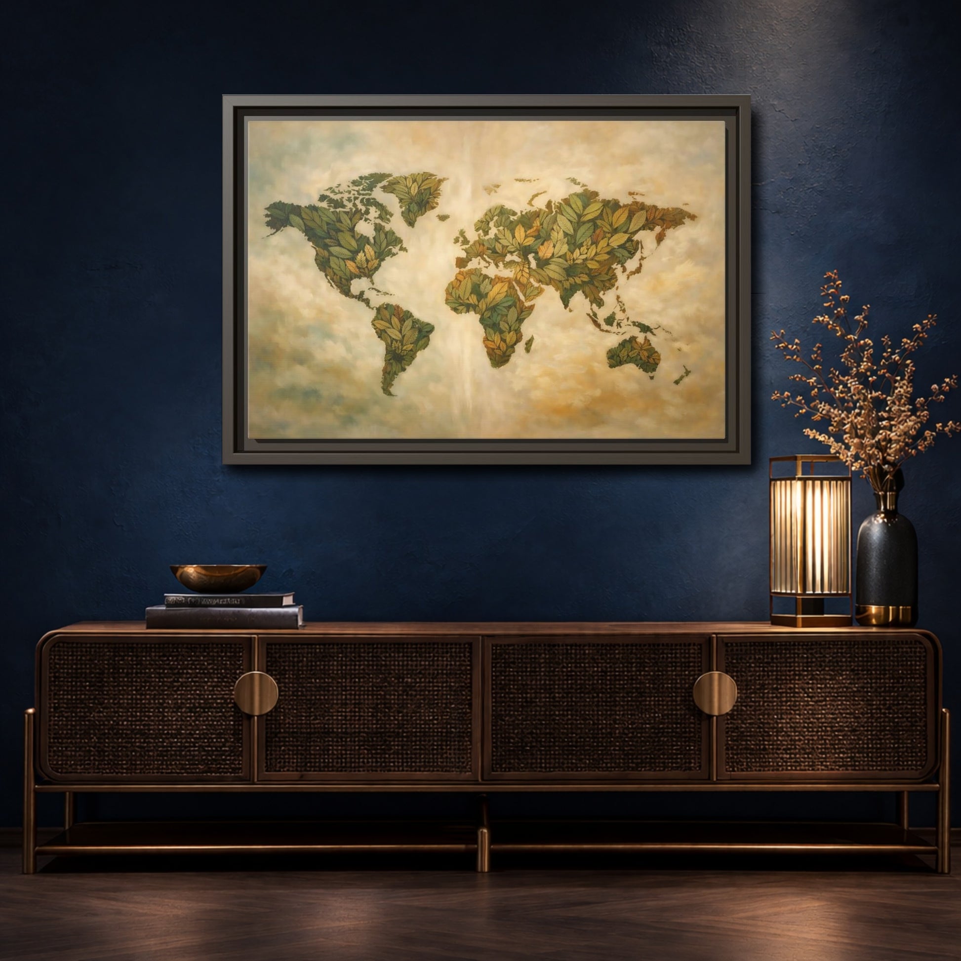 Mockup 4. Maps World Map Green World Map shown as stretched canvas wall art