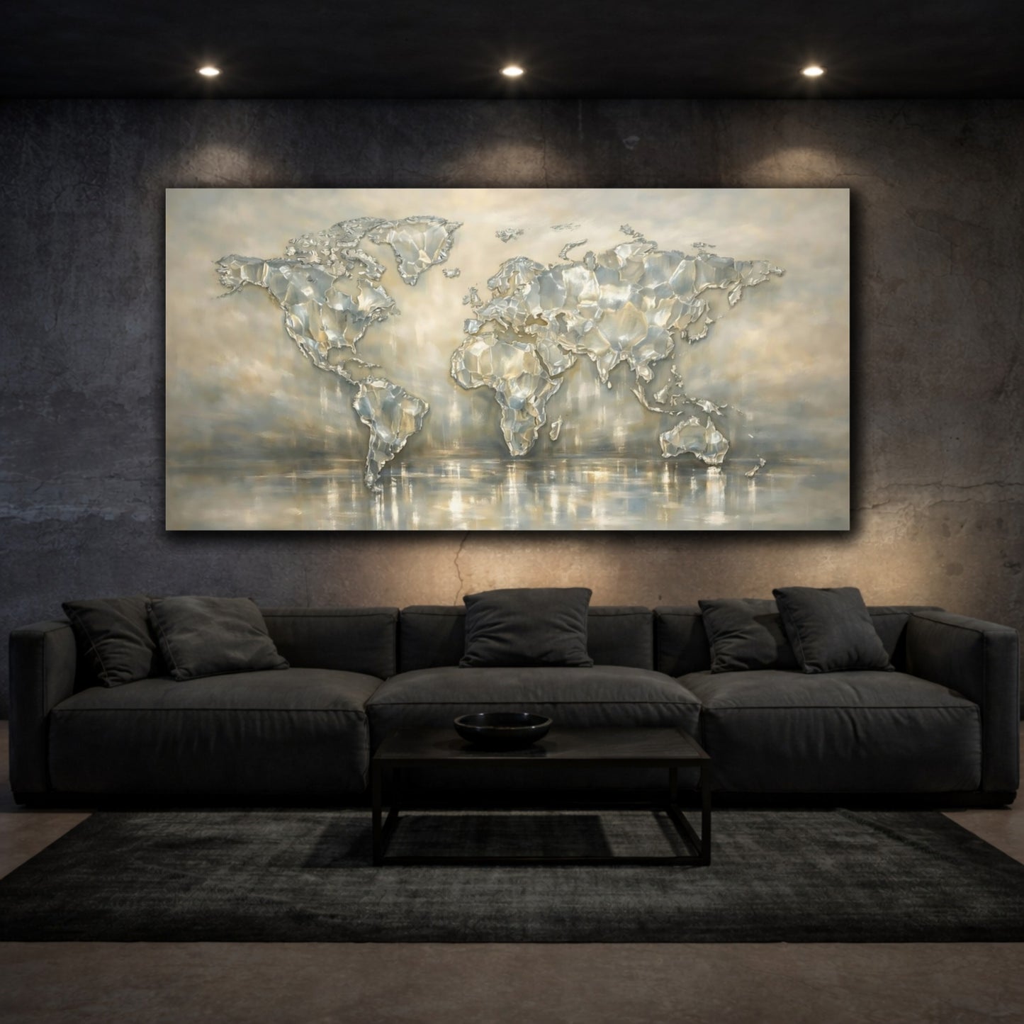 Mockup 2. Maps World Map Metallic Map shown as stretched canvas wall art