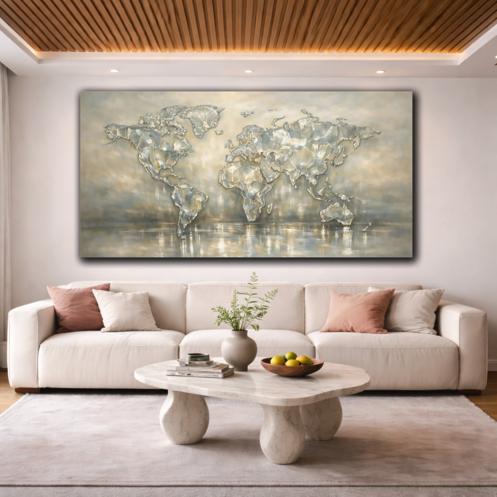 Mockup 3. Maps World Map Metallic Map shown as stretched canvas wall art