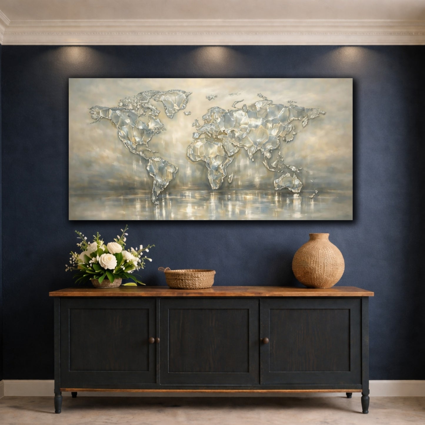 Mockup 4. Maps World Map Metallic Map shown as stretched canvas wall art