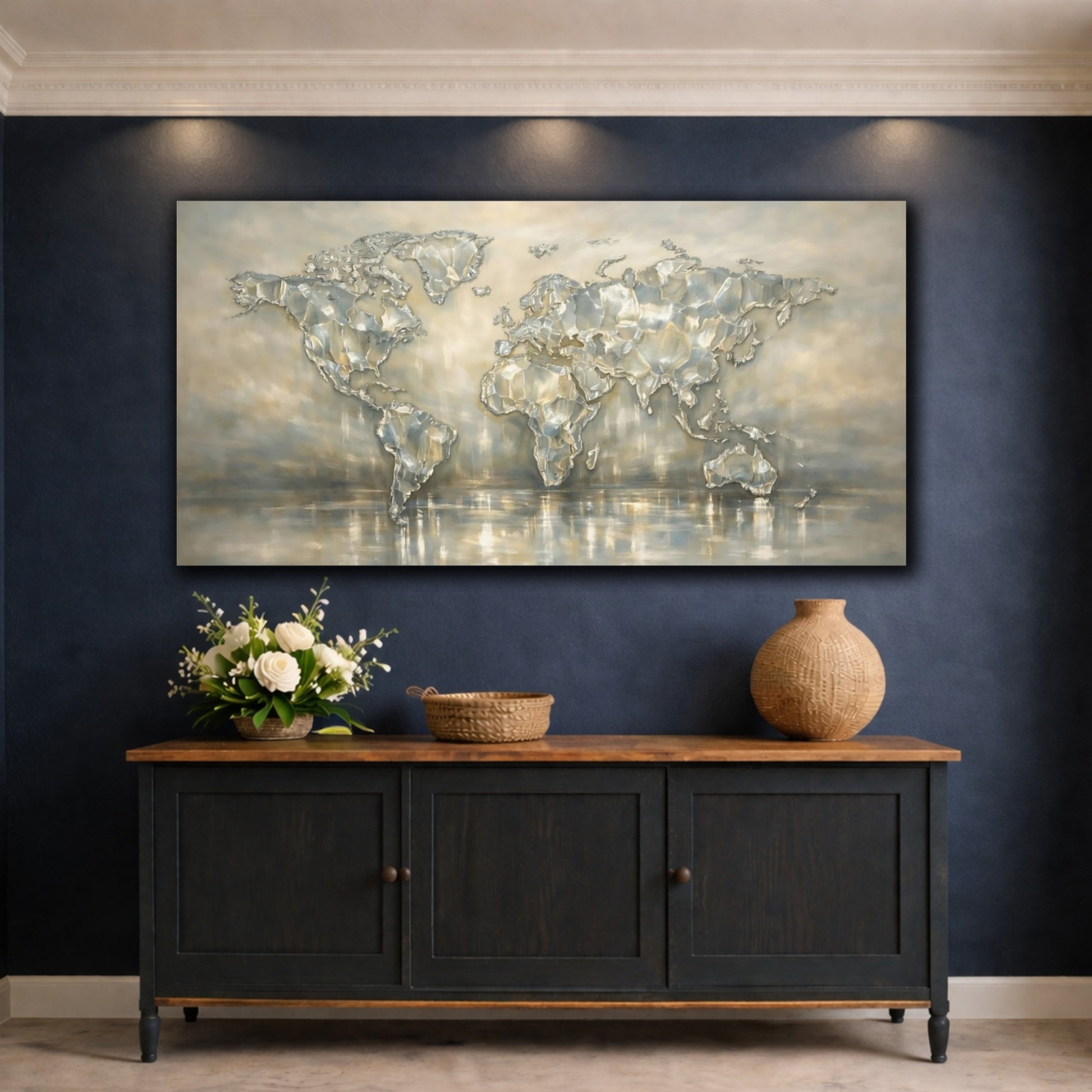 Mockup 4. Maps World Map Metallic Map shown as stretched canvas wall art