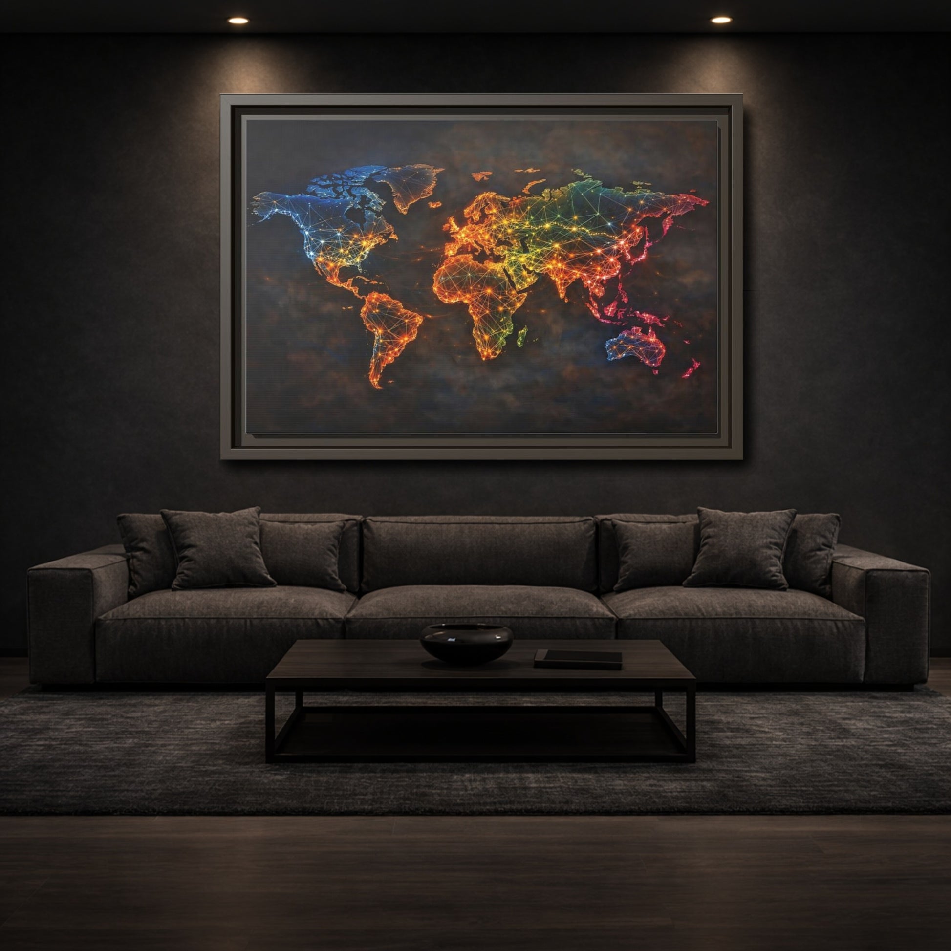 Mockup 2. Maps World Map Multicolor World Map shown as stretched canvas wall art
