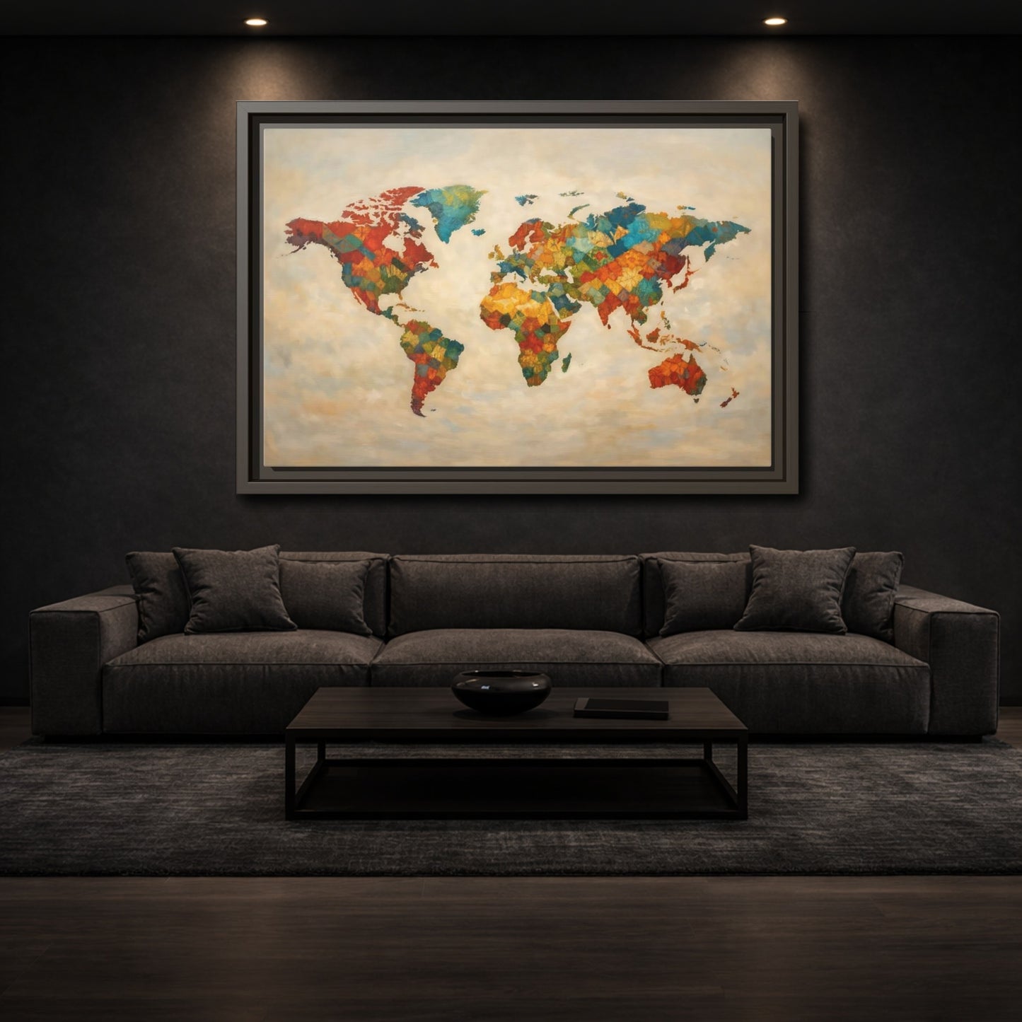 Mockup 2. Maps World Map Multicolor World Map shown as stretched canvas wall art