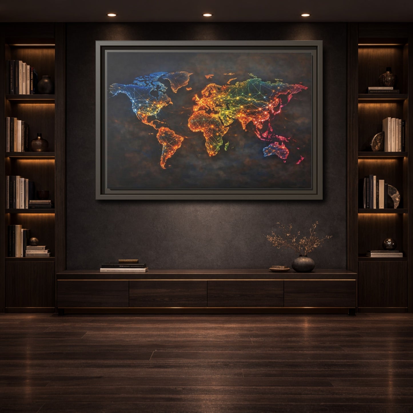 Mockup 3. Maps World Map Multicolor World Map shown as stretched canvas wall art
