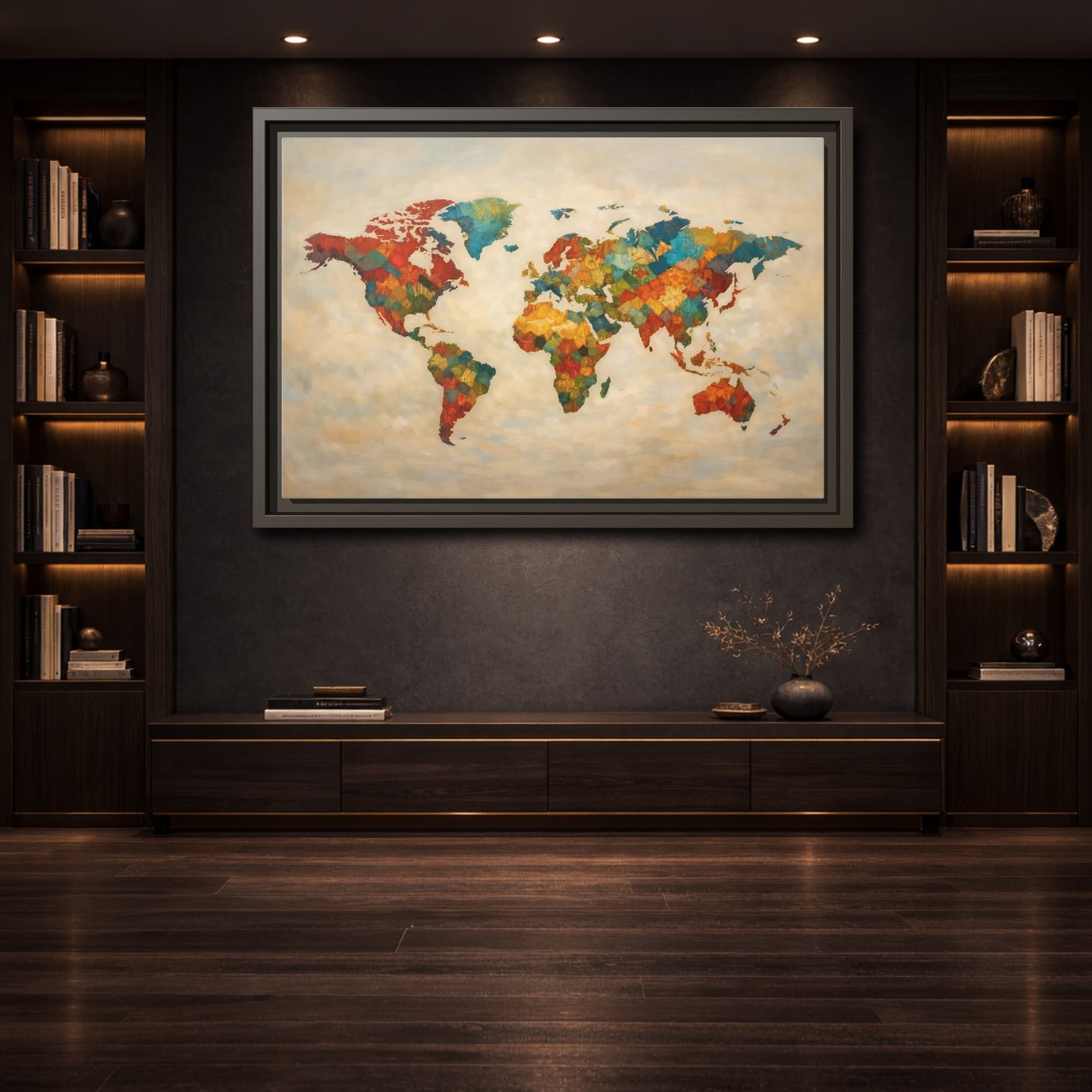 Mockup 3. Maps World Map Multicolor World Map shown as stretched canvas wall art