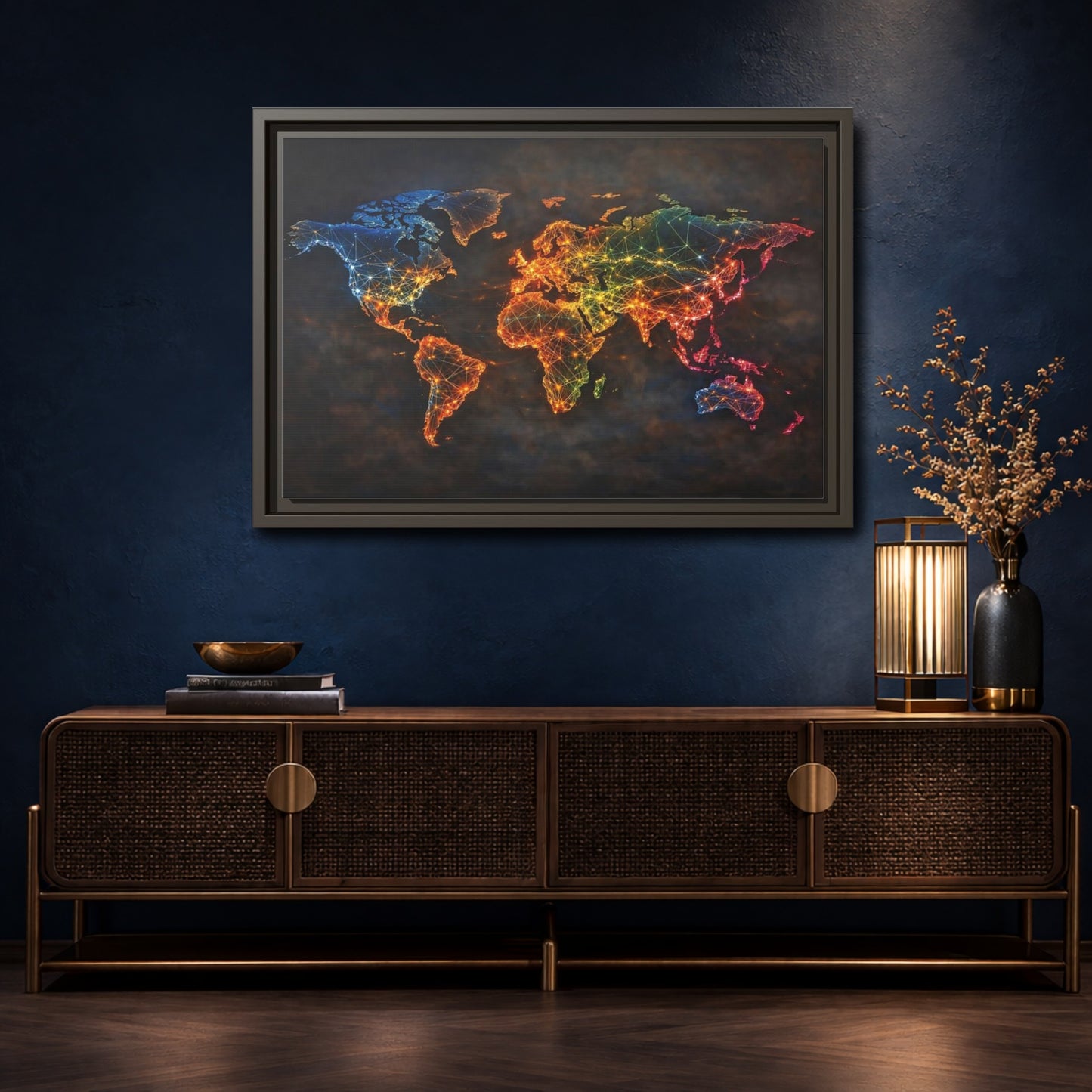 Mockup 4. Maps World Map Multicolor World Map shown as stretched canvas wall art