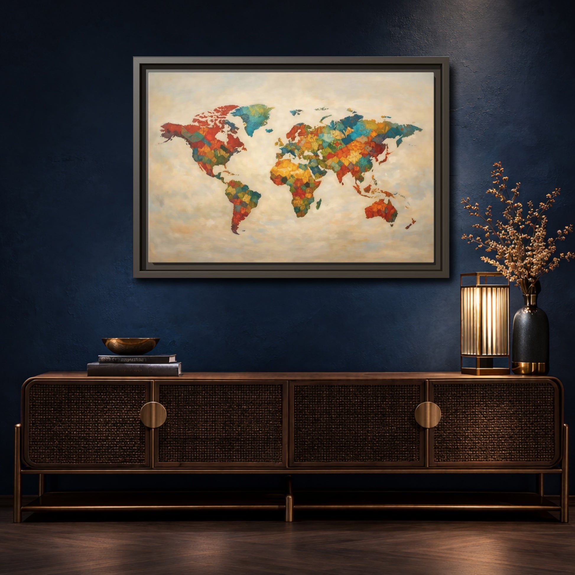 Mockup 4. Maps World Map Multicolor World Map shown as stretched canvas wall art