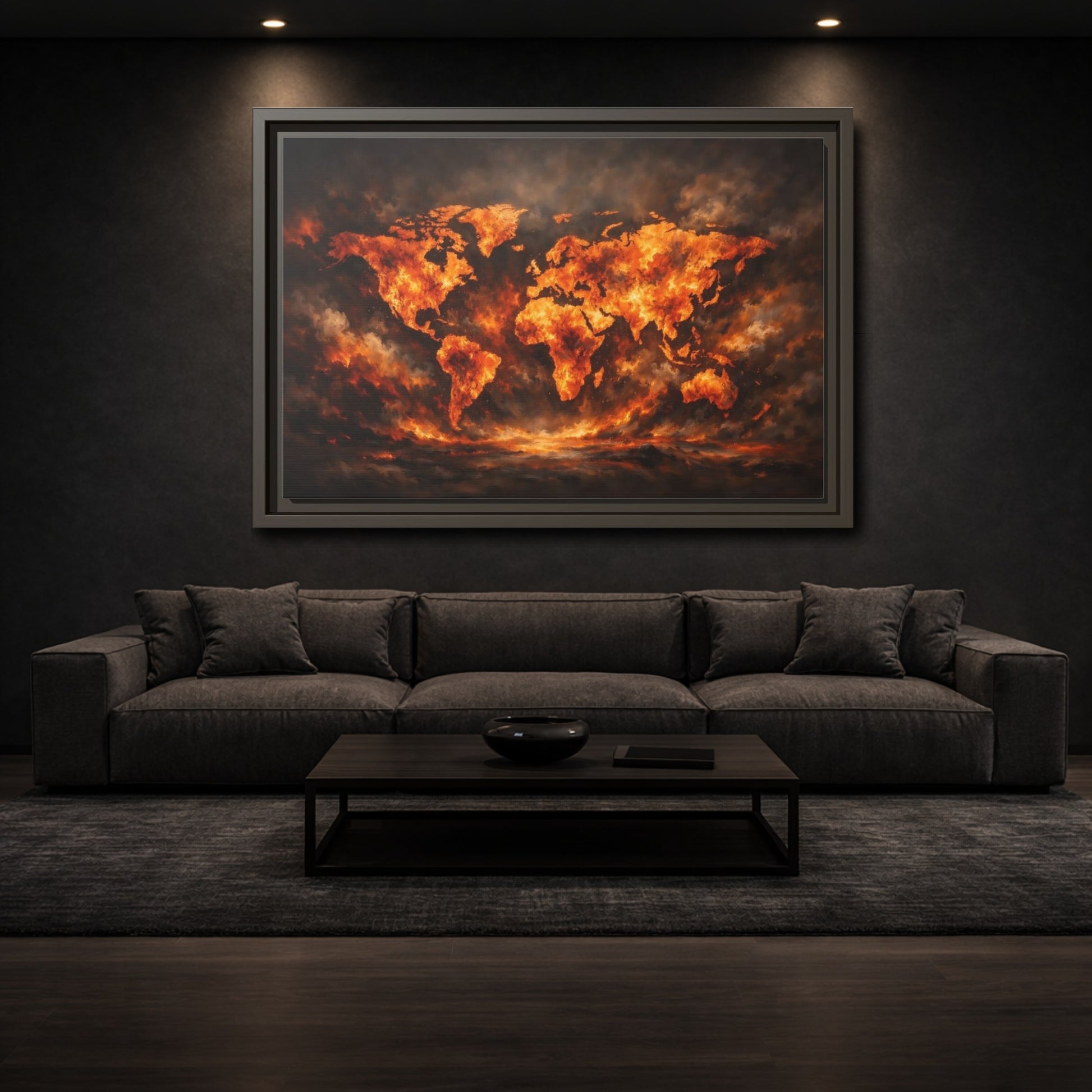 Mockup 2. Maps World Map Orange And Black Map shown as stretched canvas wall art