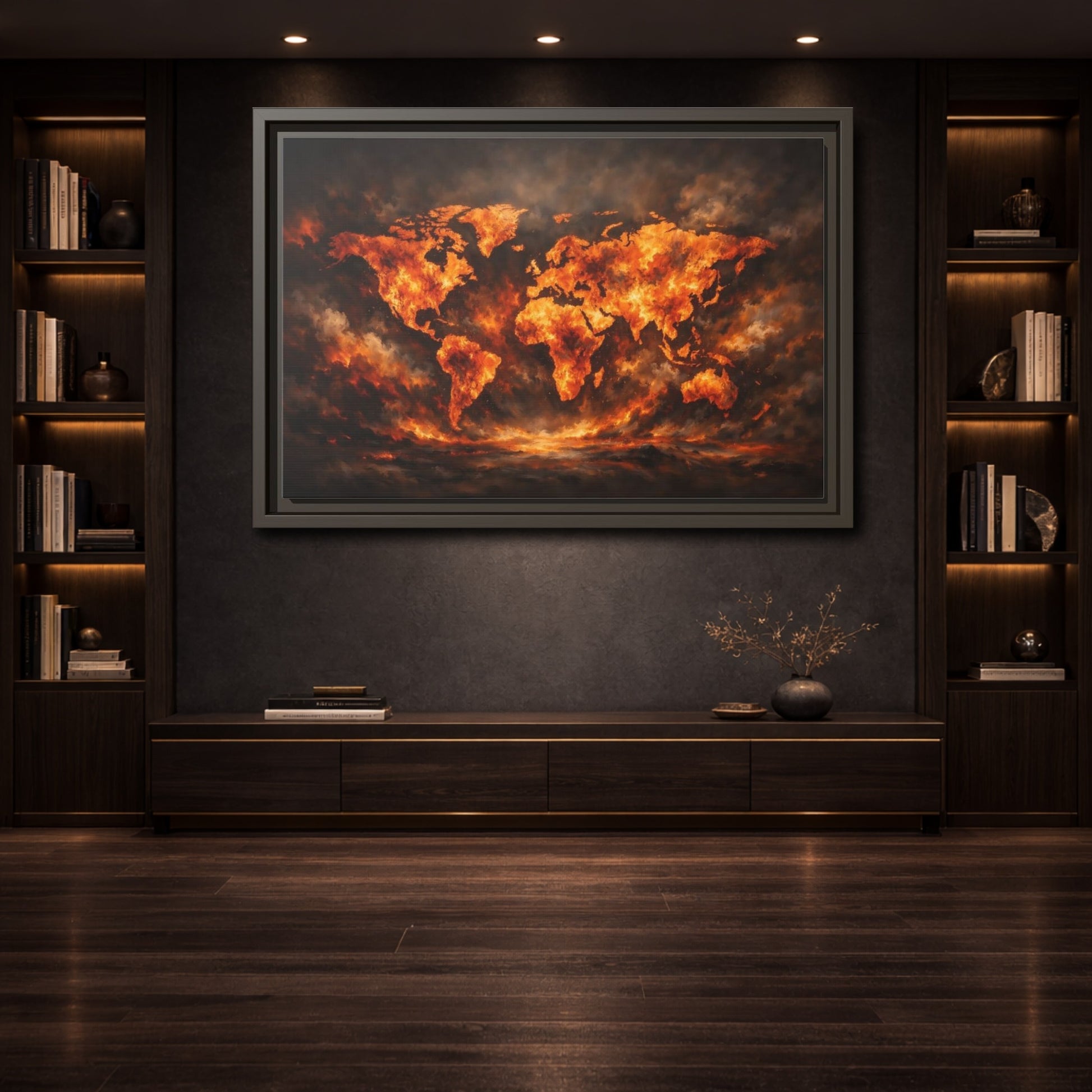 Mockup 3. Maps World Map Orange And Black Map shown as stretched canvas wall art