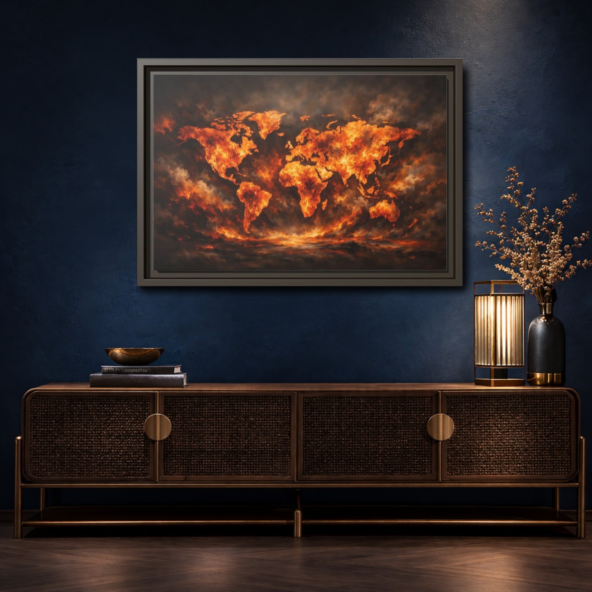 Mockup 4. Maps World Map Orange And Black Map shown as stretched canvas wall art