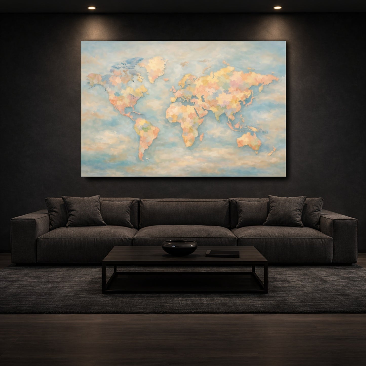 Mockup 2. Maps World Map Pastel World Map shown as stretched canvas wall art