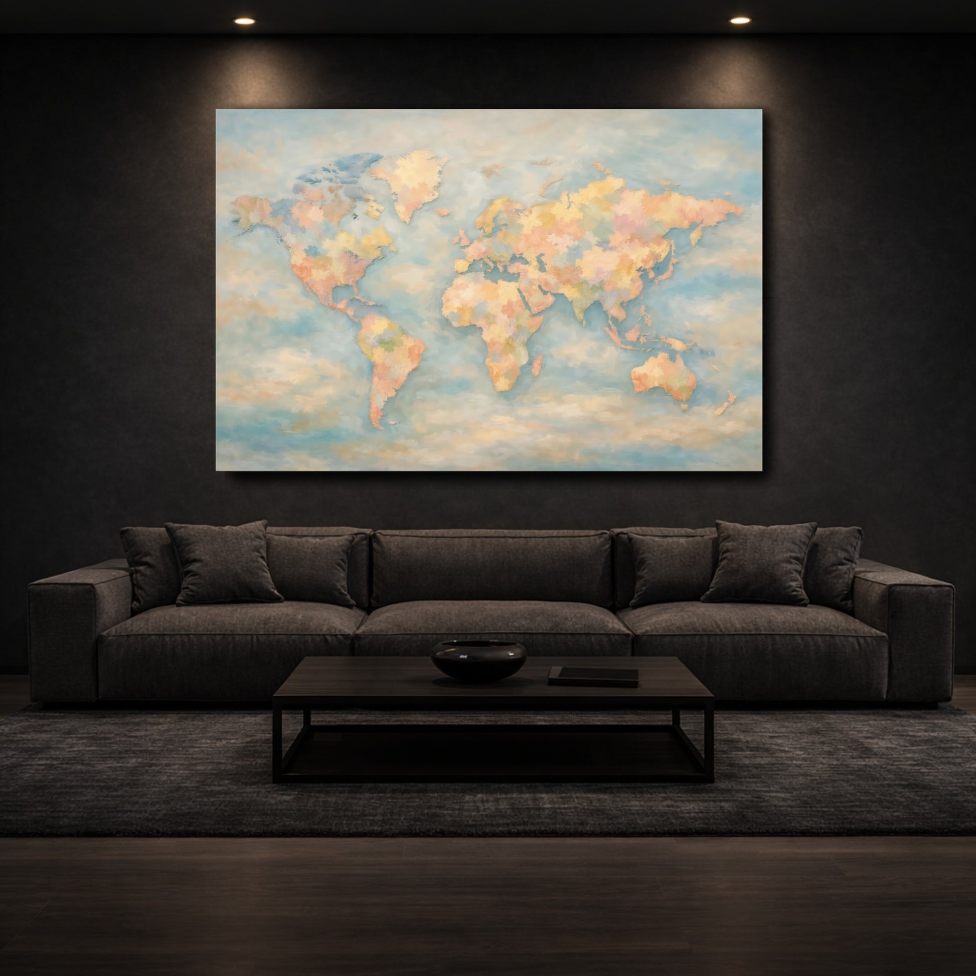 Mockup 2. Maps World Map Pastel World Map shown as stretched canvas wall art