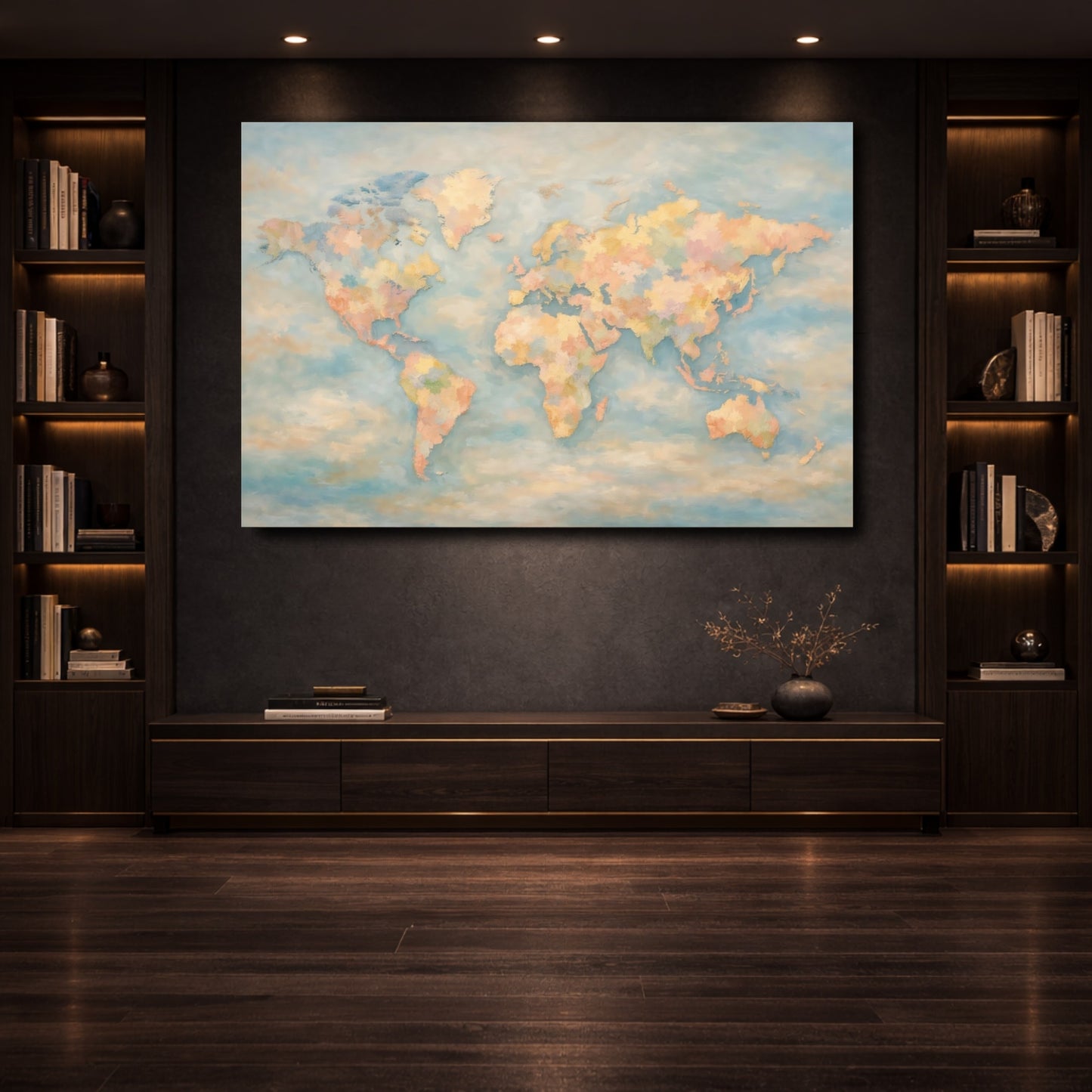 Mockup 3. Maps World Map Pastel World Map shown as stretched canvas wall art