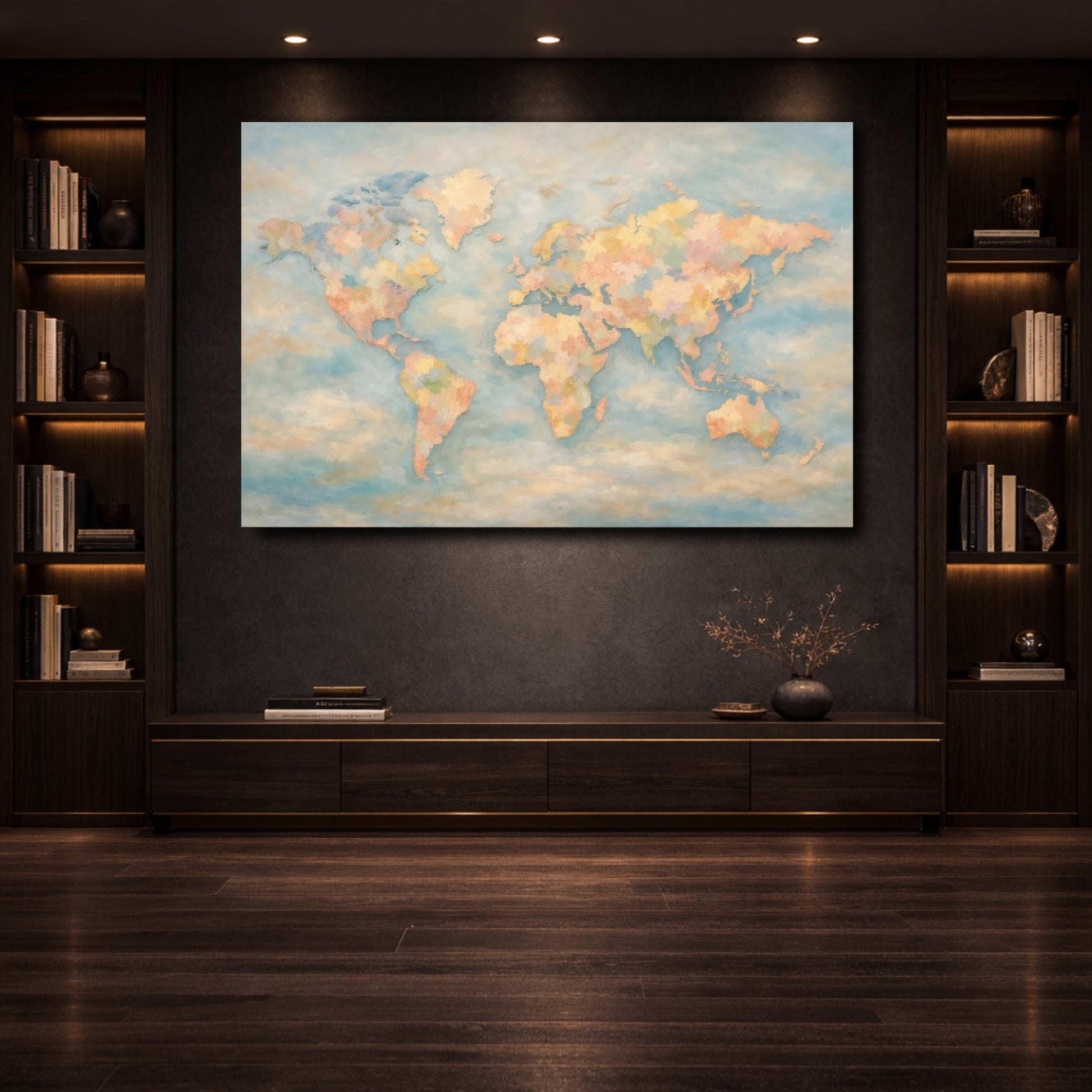 Mockup 3. Maps World Map Pastel World Map shown as stretched canvas wall art