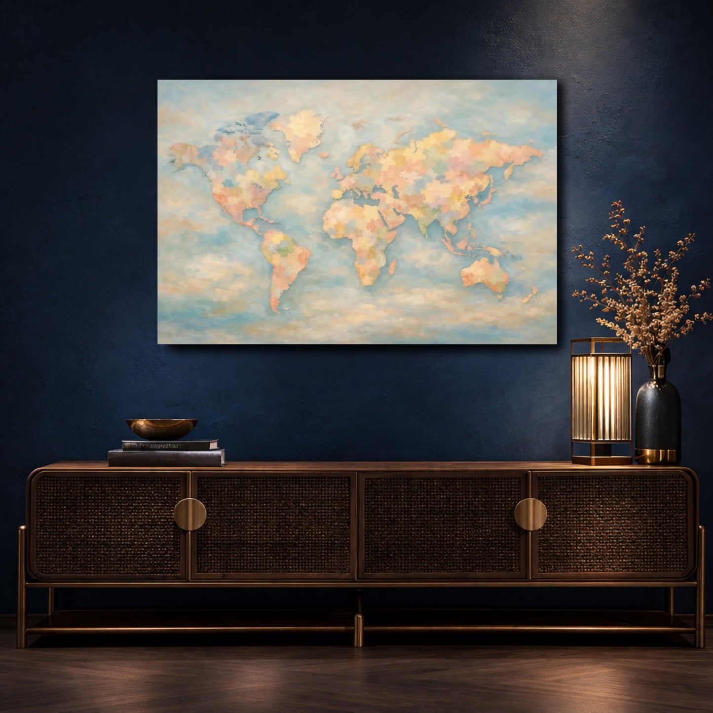Mockup 4. Maps World Map Pastel World Map shown as stretched canvas wall art