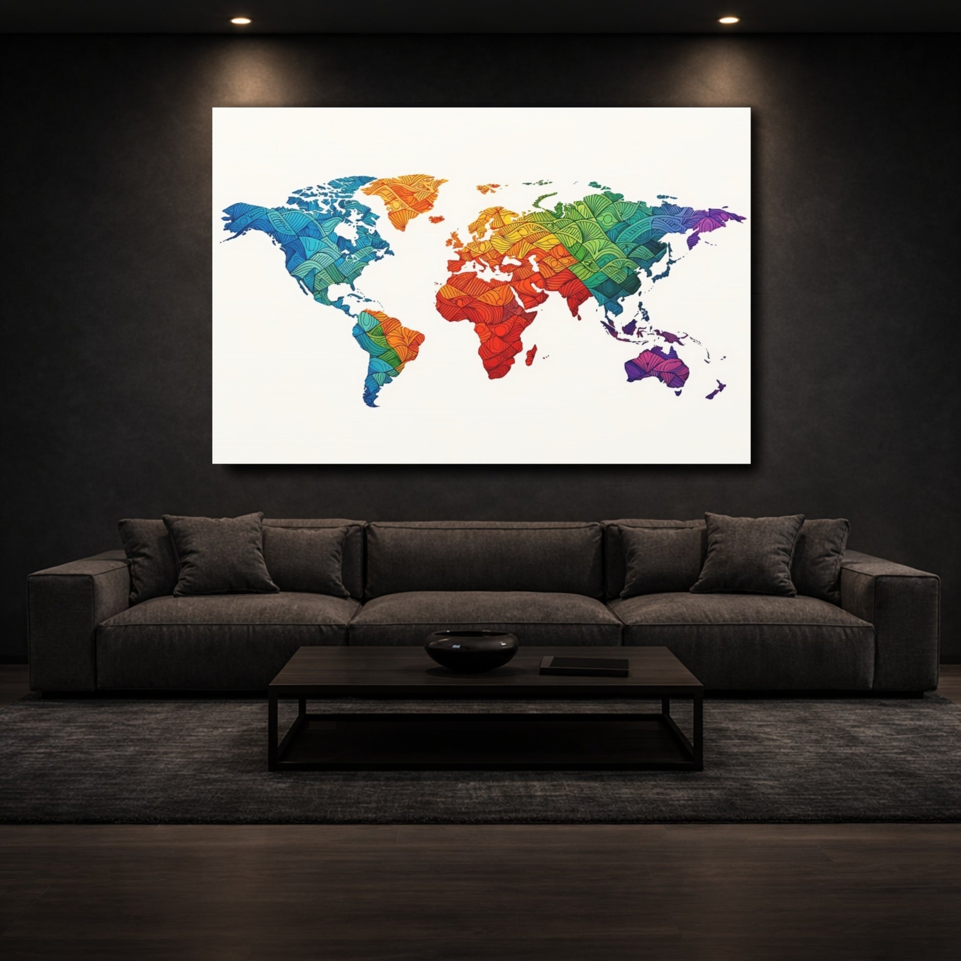 Mockup 2. Maps World Map Rainbow World Map shown as stretched canvas wall art
