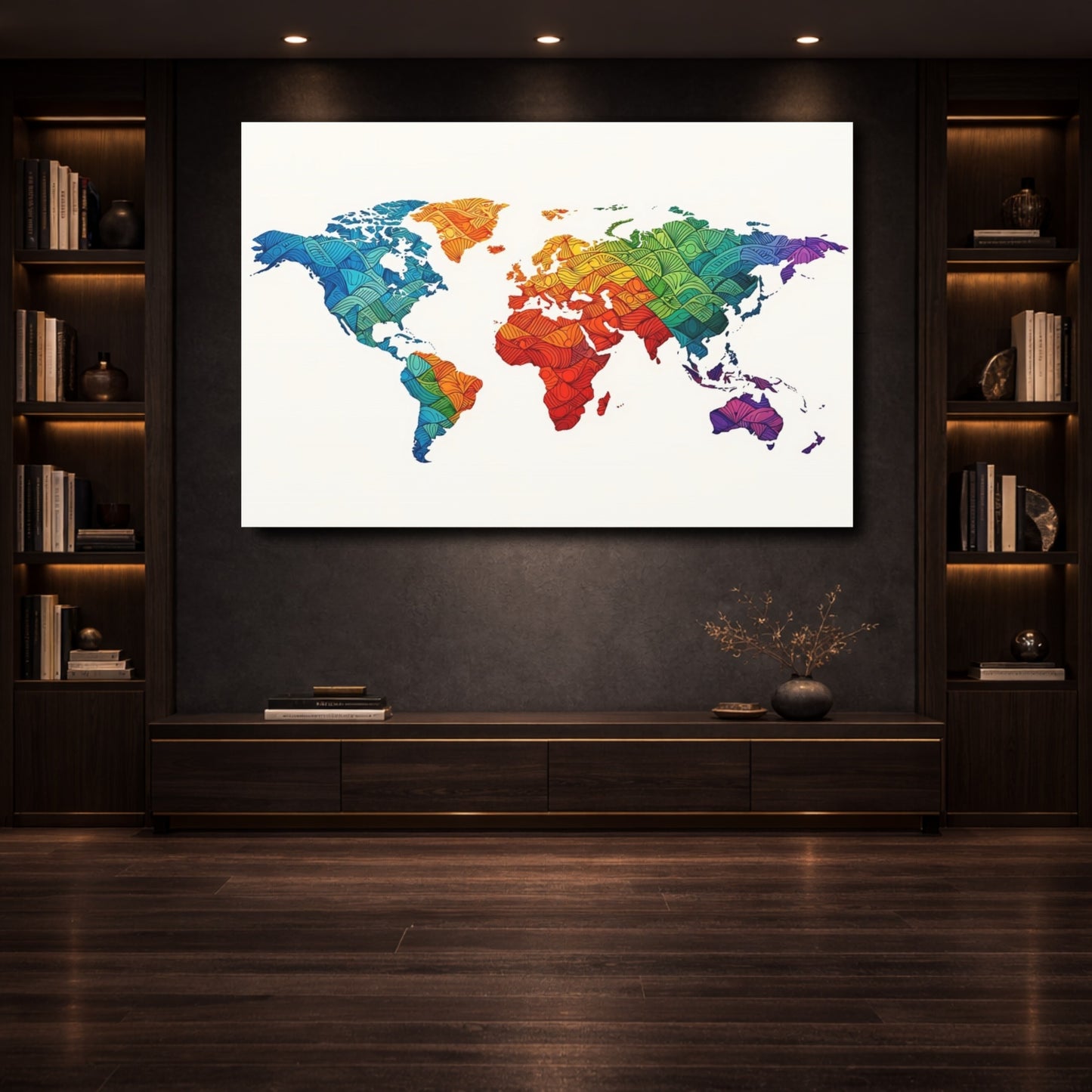 Mockup 3. Maps World Map Rainbow World Map shown as stretched canvas wall art