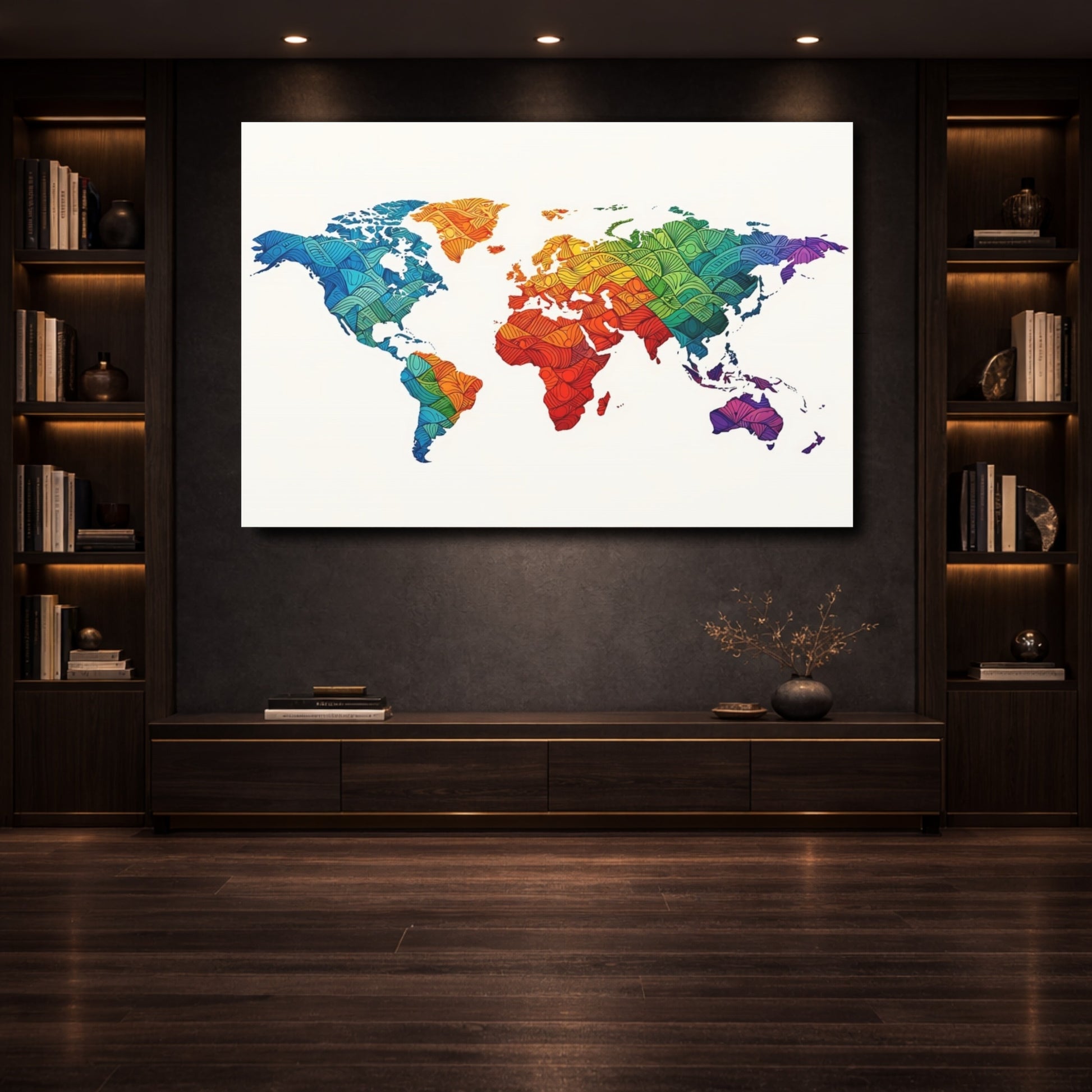 Mockup 3. Maps World Map Rainbow World Map shown as stretched canvas wall art
