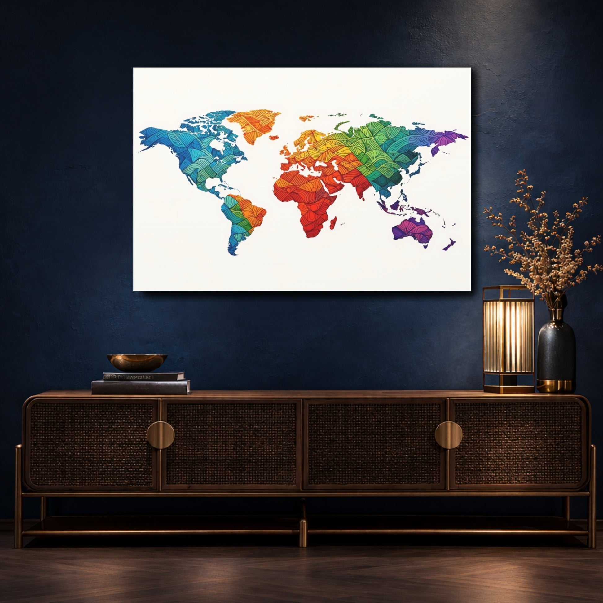 Mockup 4. Maps World Map Rainbow World Map shown as stretched canvas wall art