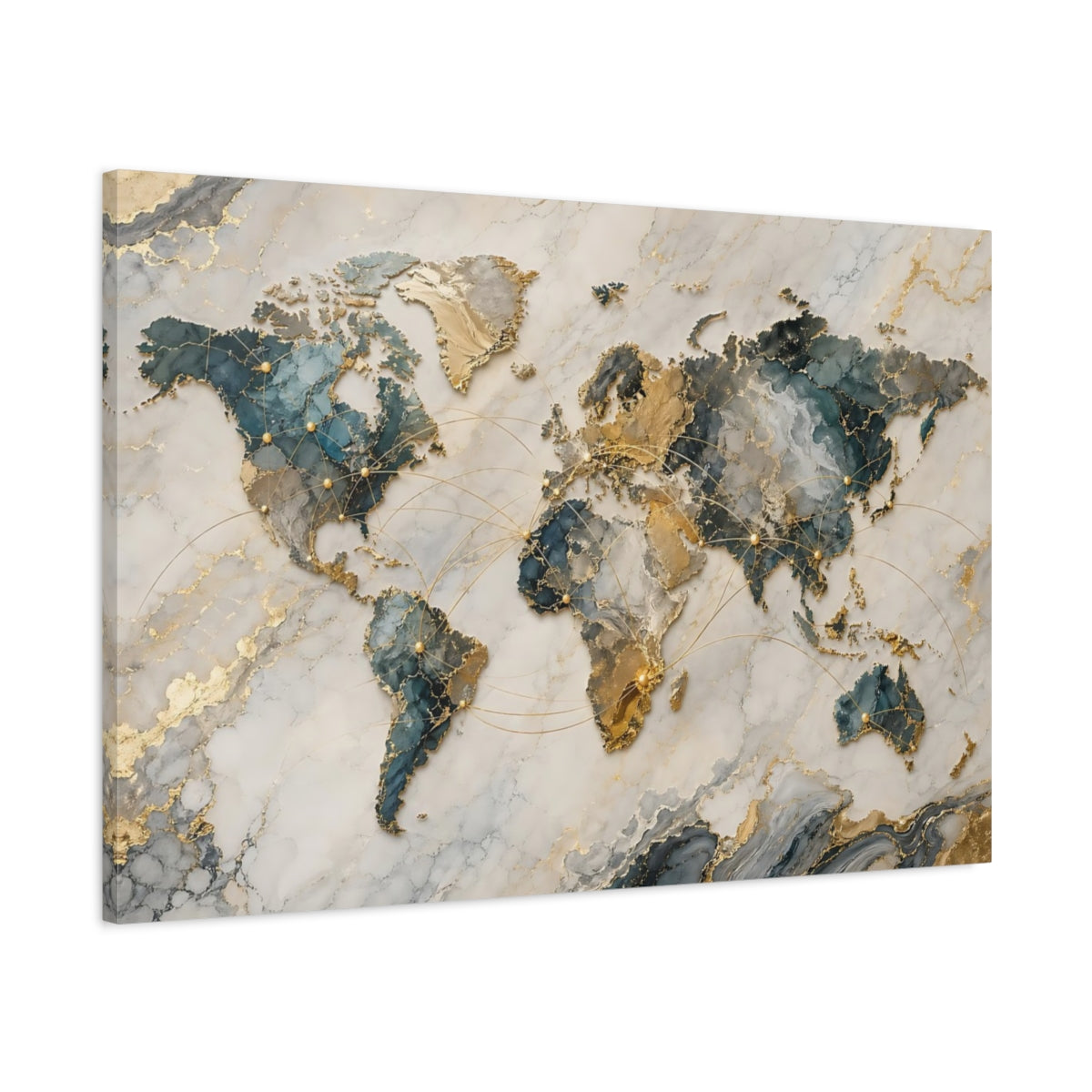Main Mockup. Maps World Map Teal And Gold shown as stretched canvas wall art