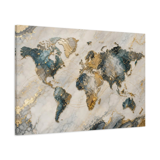 Main Mockup. Maps World Map Teal And Gold shown as stretched canvas wall art
