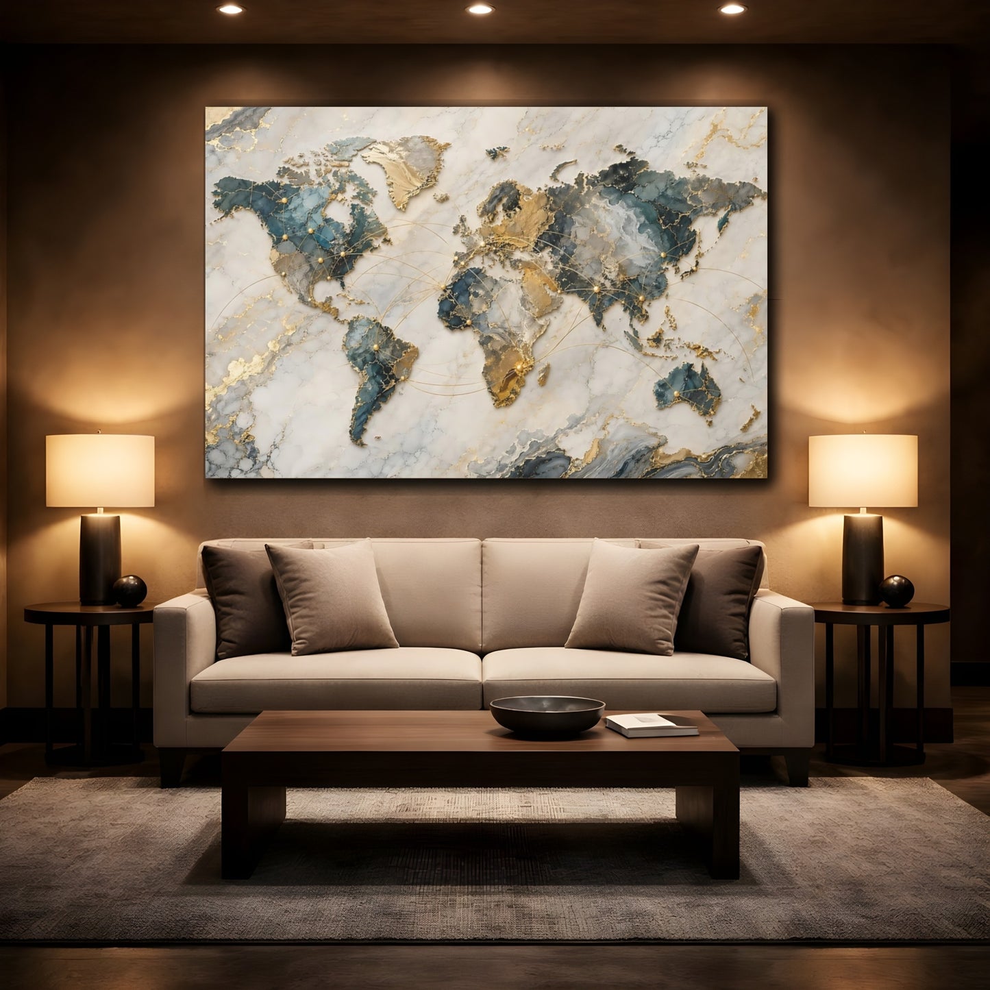 Mockup 2. Maps World Map Teal And Gold shown as stretched canvas wall art