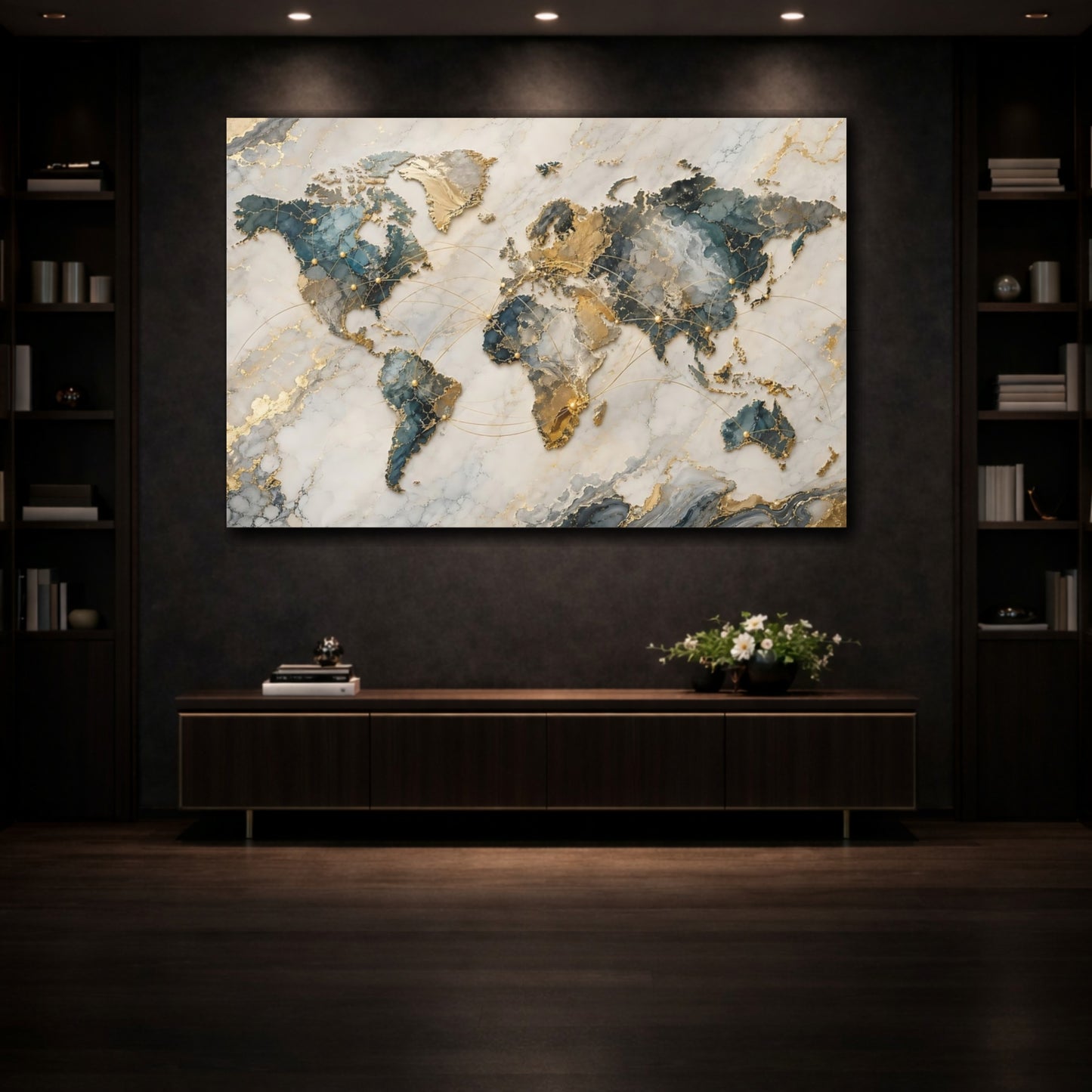 Mockup 3. Maps World Map Teal And Gold shown as stretched canvas wall art