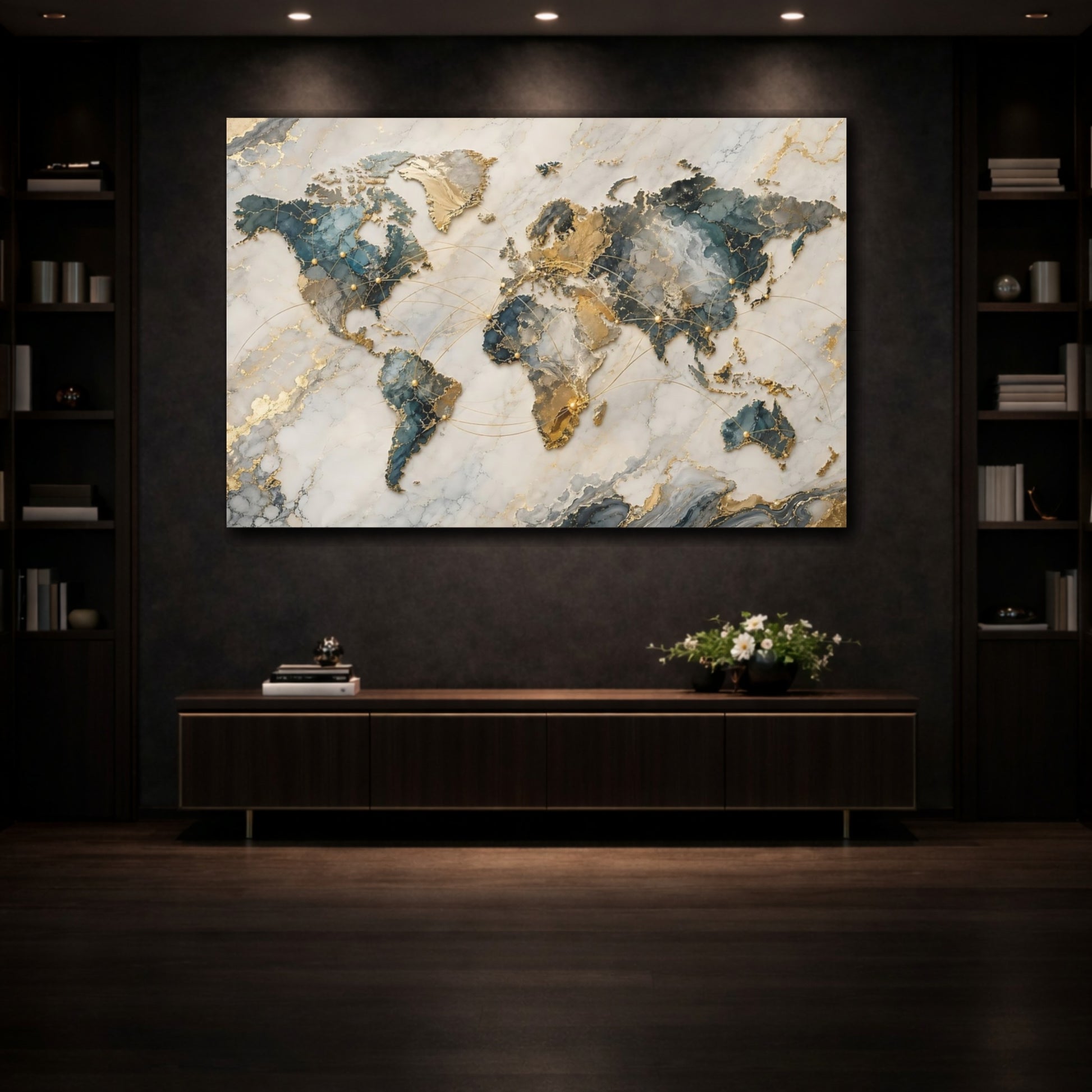 Mockup 3. Maps World Map Teal And Gold shown as stretched canvas wall art