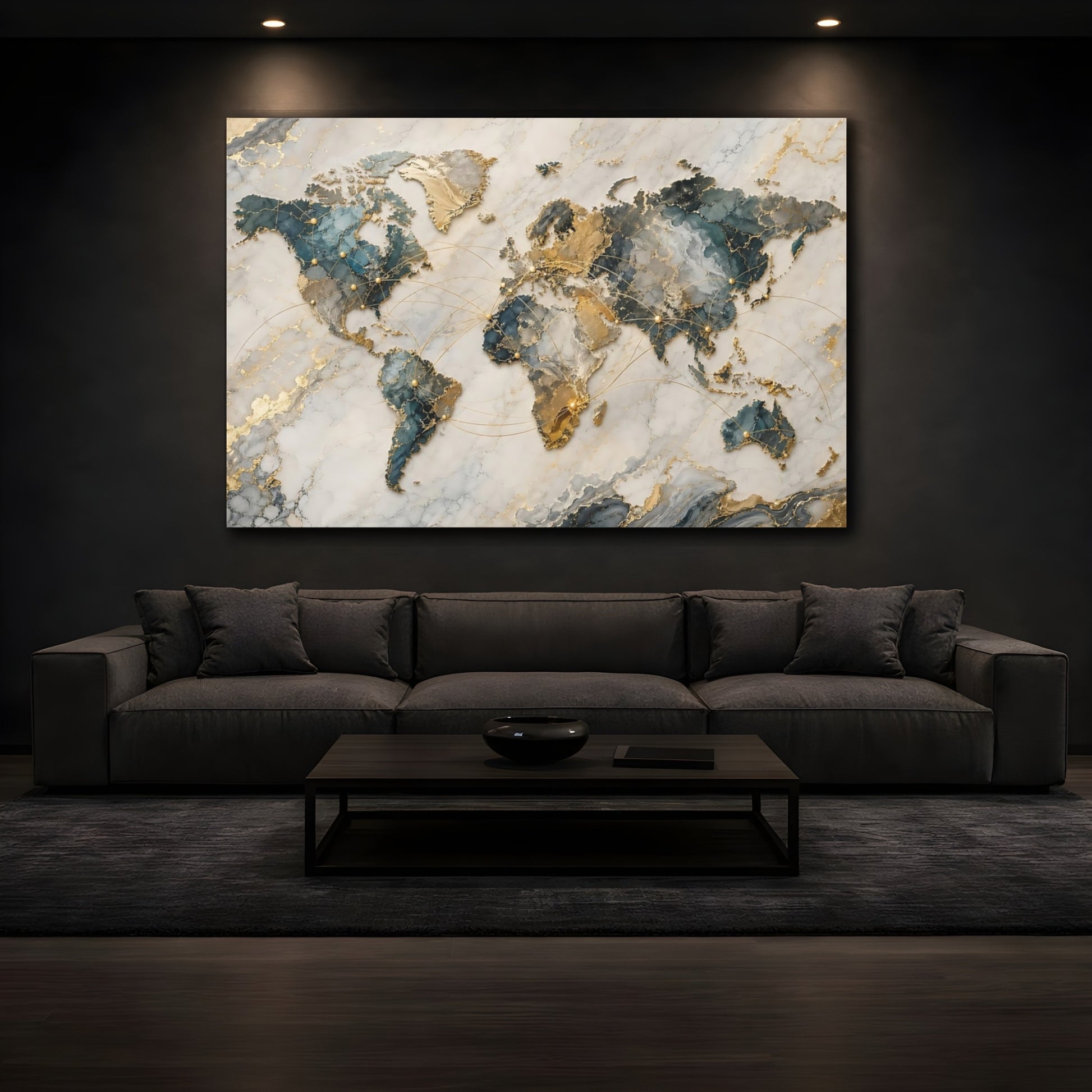Mockup 4. Maps World Map Teal And Gold shown as stretched canvas wall art