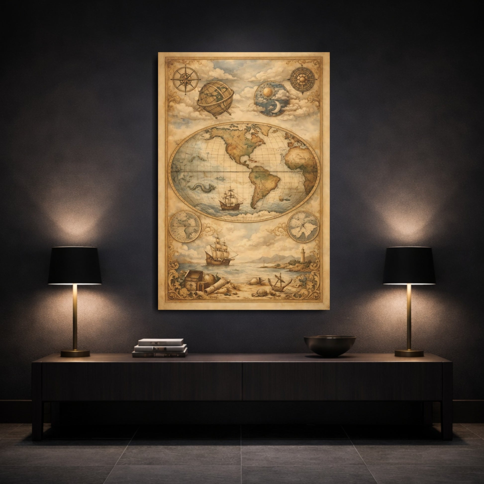 Maps World Map Vintage World Map shown as front canvas room wall art