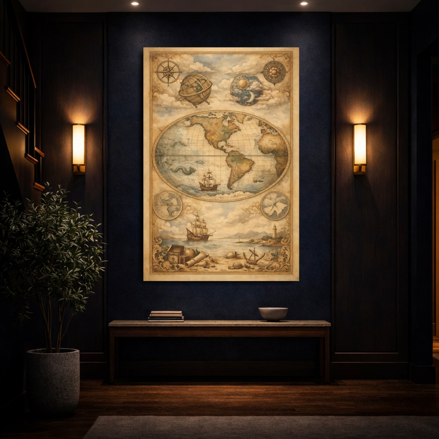 Maps World Map Vintage World Map shown as front canvas room wall art