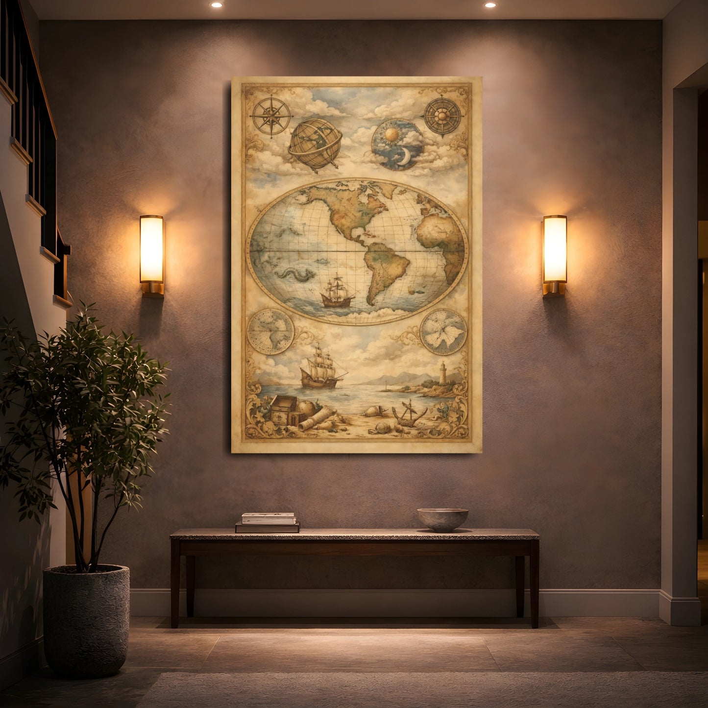 Maps World Map Vintage World Map shown as front canvas room wall art