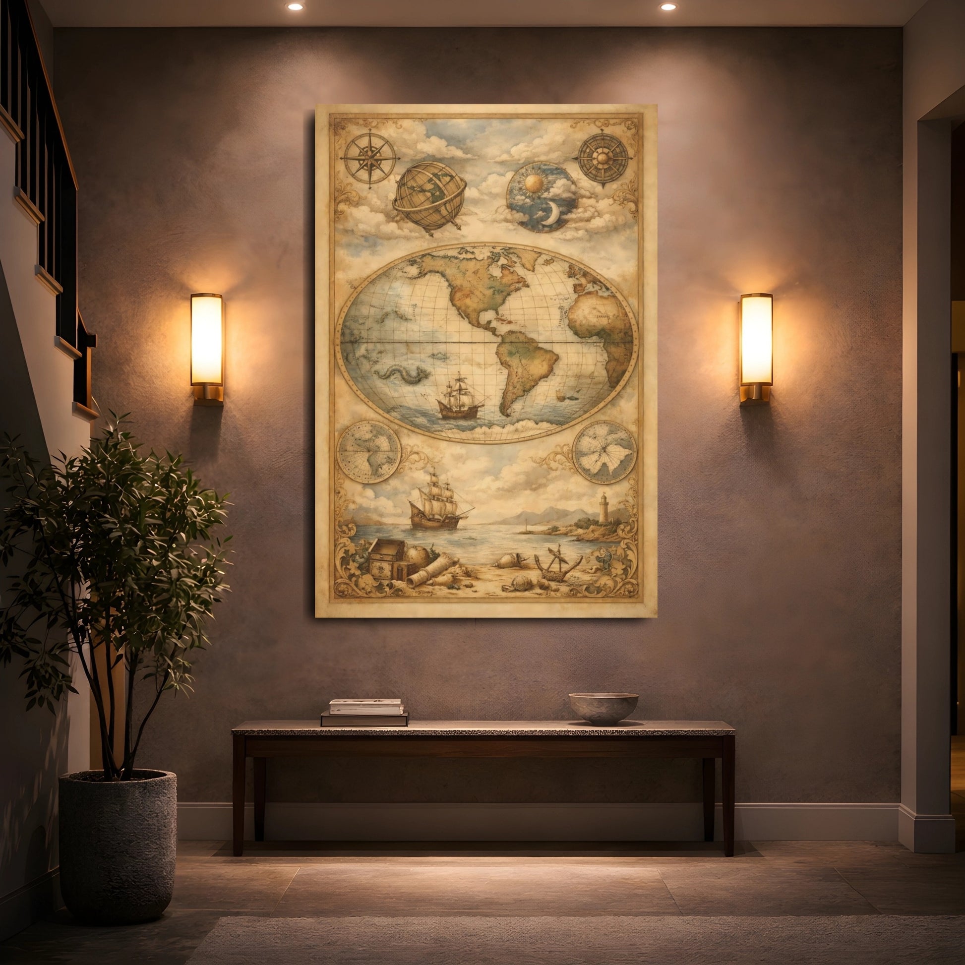 Maps World Map Vintage World Map shown as front canvas room wall art