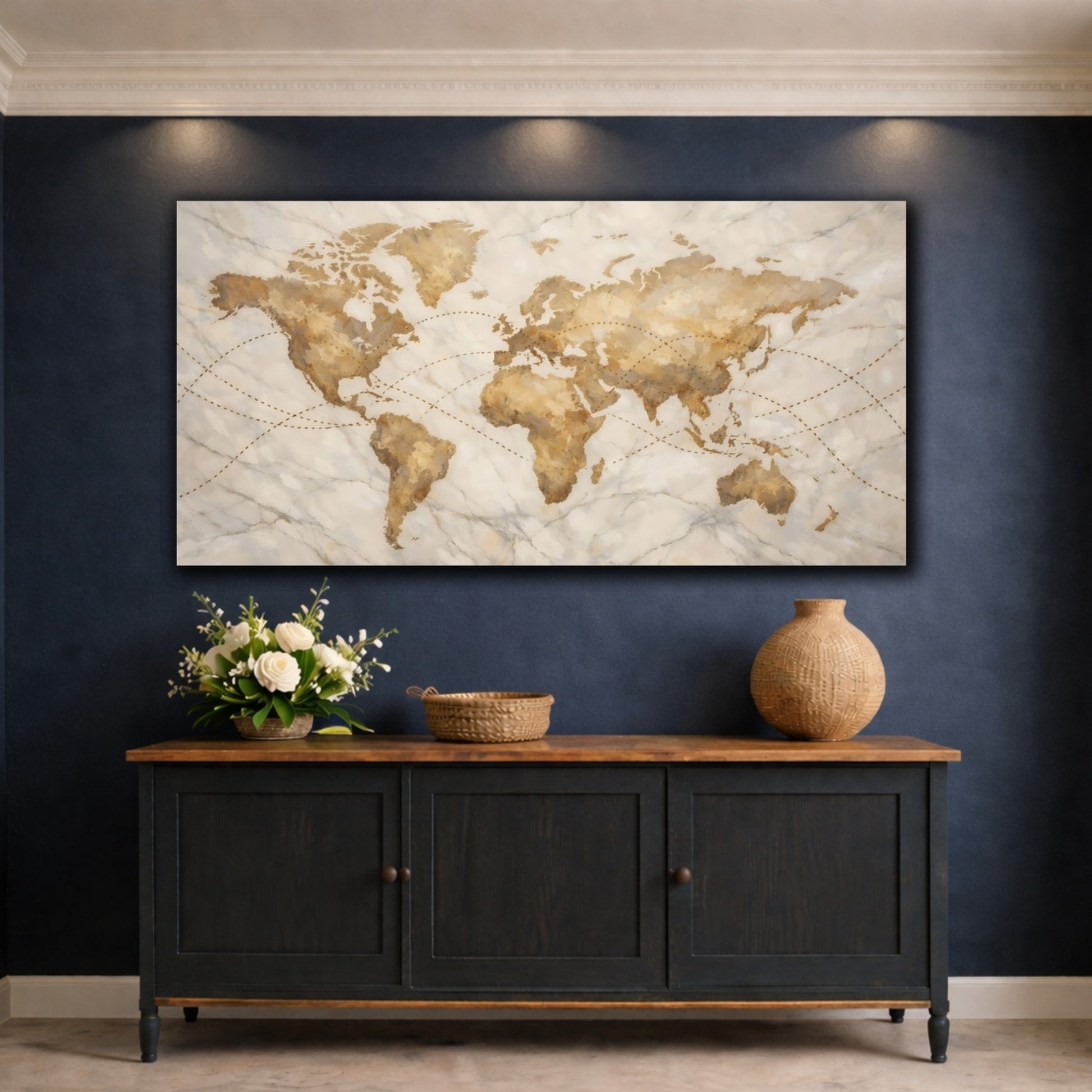 Mockup 4. Maps World Map Vintage World Map shown as stretched canvas wall art