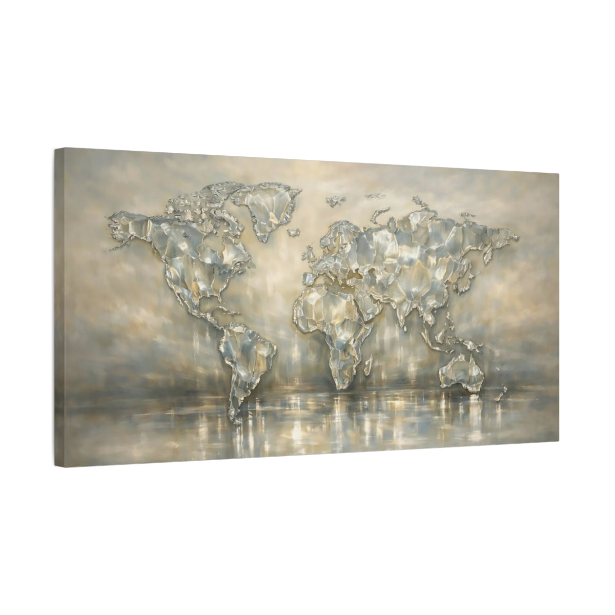 Side Mockup 2. Maps World Map Metallic Map shown as stretched canvas wall art