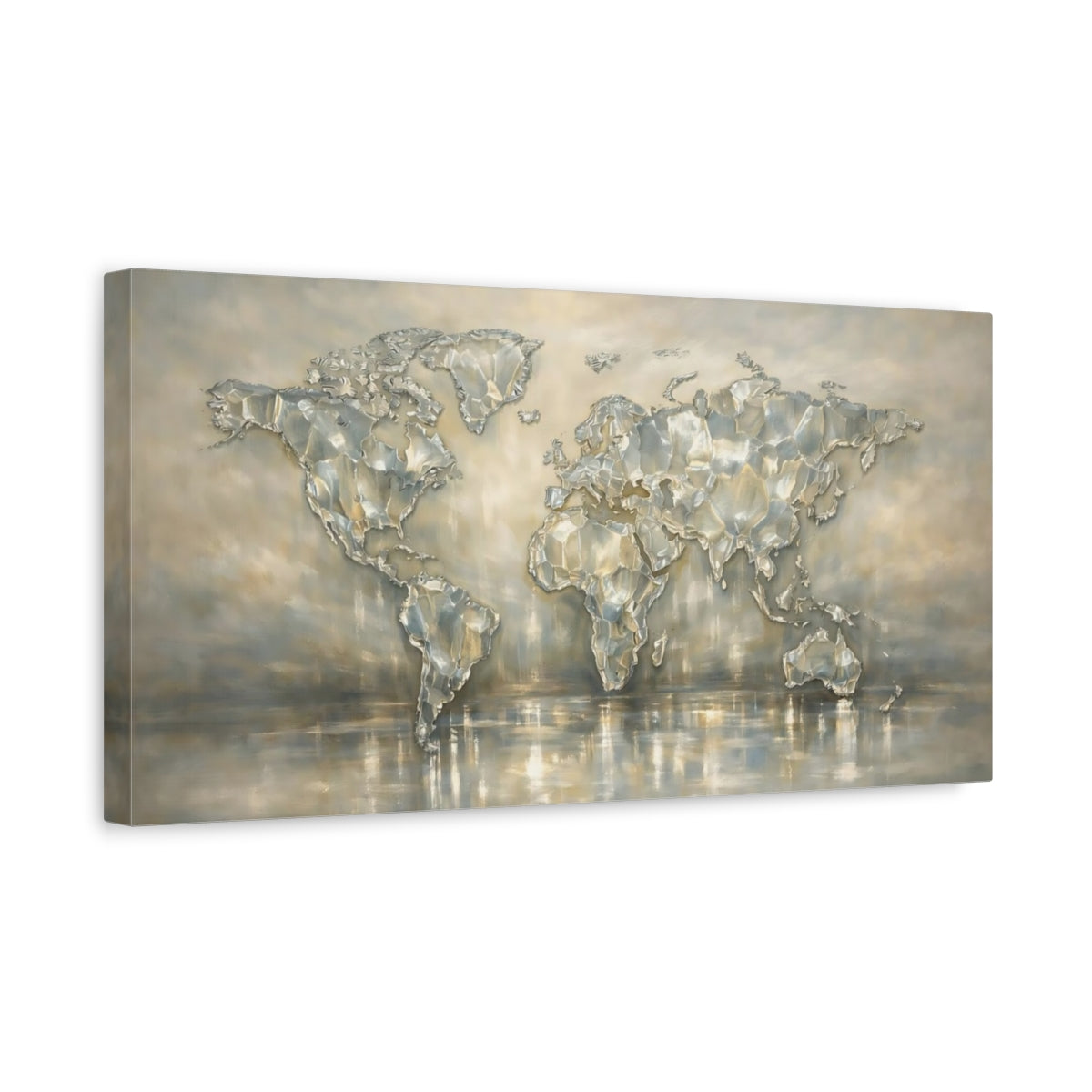 Side Mockup 3. Maps World Map Metallic Map shown as stretched canvas wall art