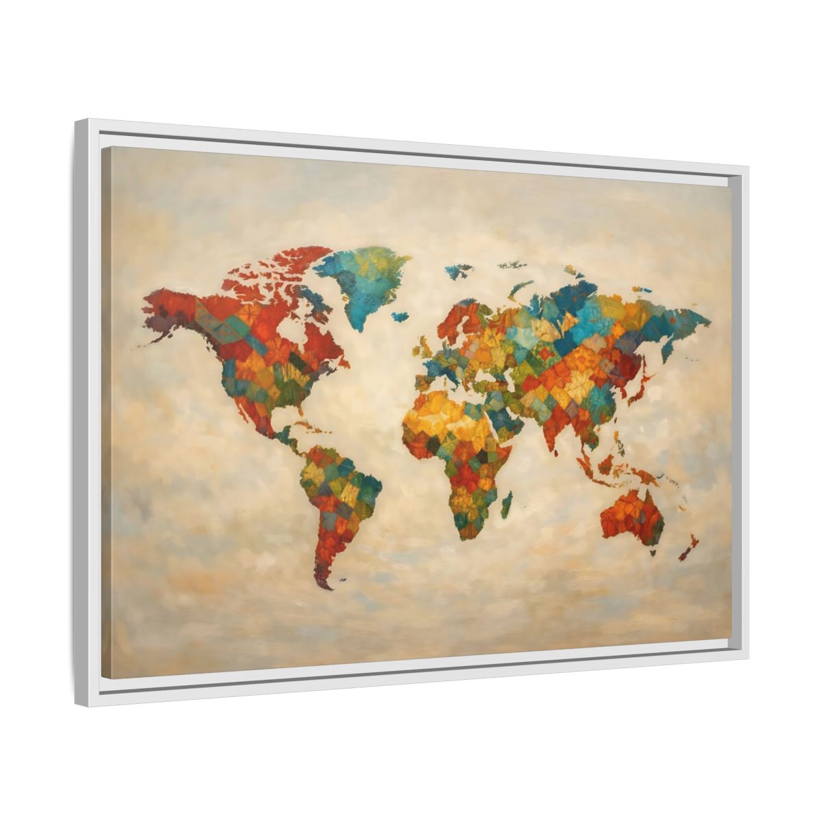 Side Mockup 10. Maps World Map Multicolor World Map shown as stretched canvas wall art
