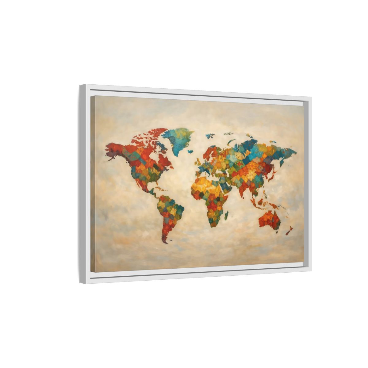 Side Mockup 1. Maps World Map Multicolor World Map shown as stretched canvas wall art